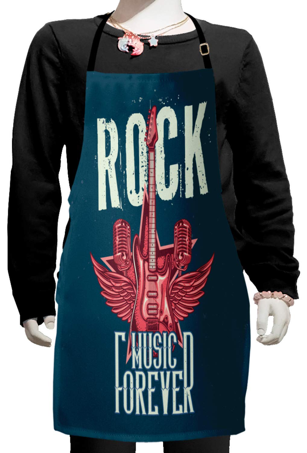 Ambesonne Rock and Roll Apron - Guitar & Microphone Wings Print Adjustable Bib Apron for Baking, Painting, Cooking - Small Size Teal & Dark Coral - Perfect for Music Lovers, Kitchen & Art Studio Use