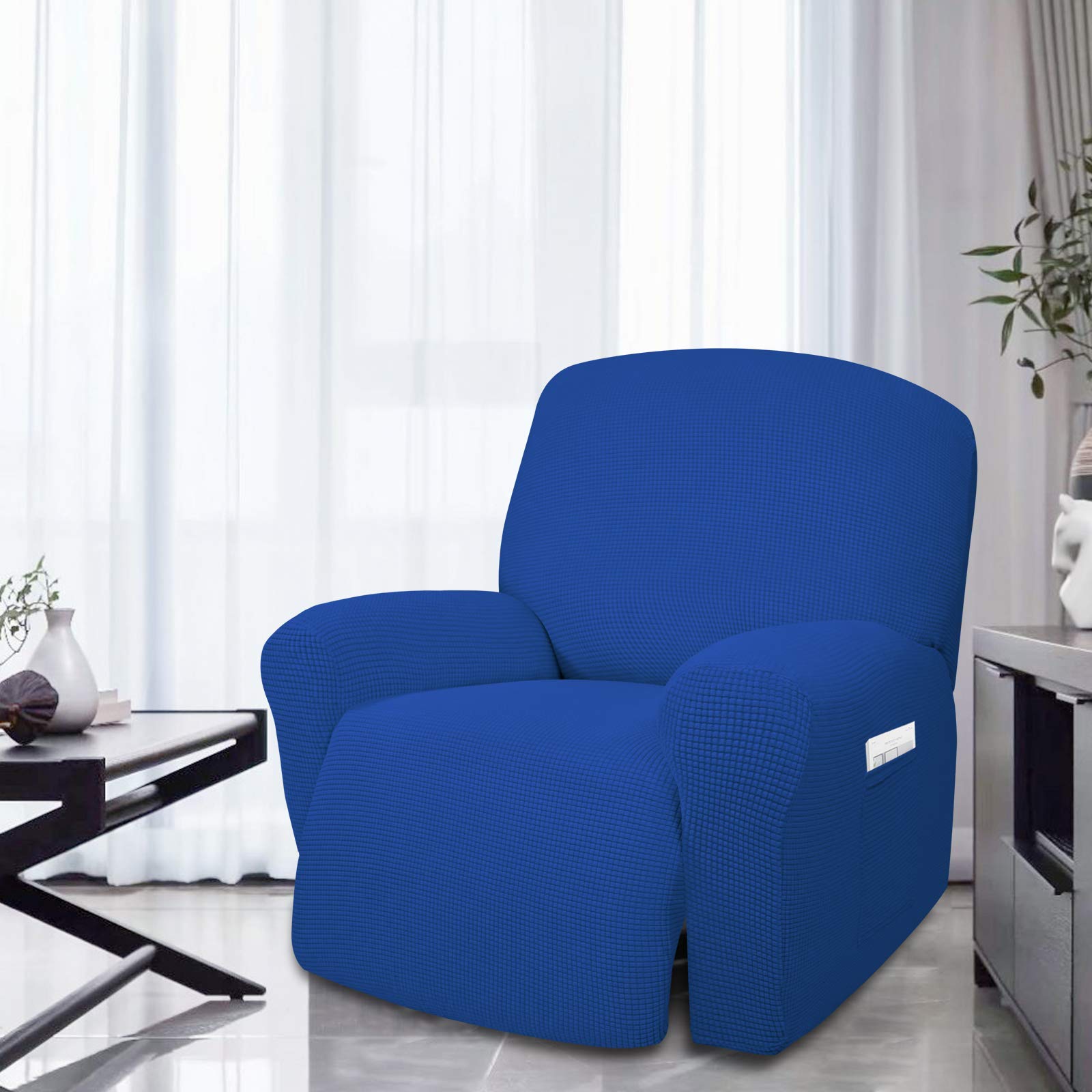 4-Piece Oversized Recliner Stretch Sofa Slipcover - Klein Blue Jacquard Fabric with Elastic Bottom - Polyester Spandex Furniture Protector for Couches & Sectionals - Classic Checkered Design (X-Large) - Perfect for Living Room, Family Room & Home Theater Seating
