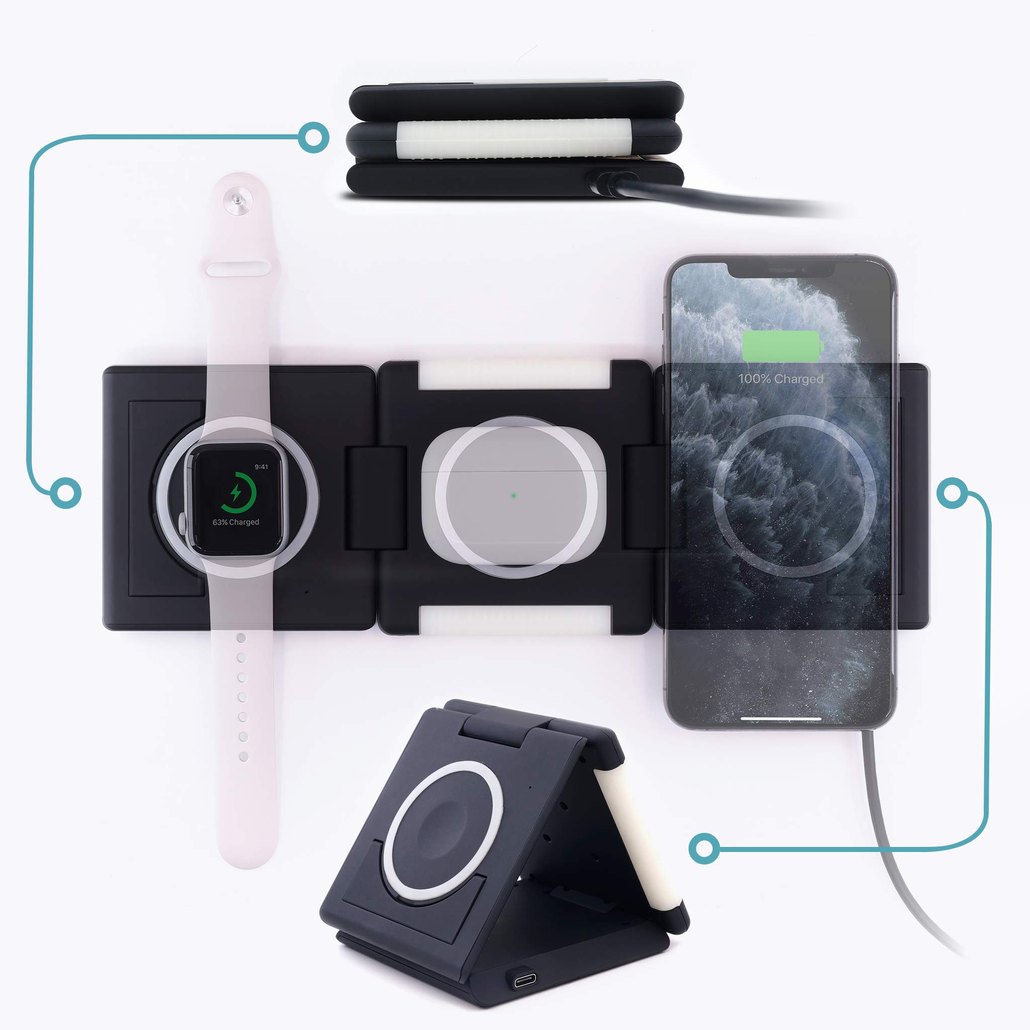 3-in-1 Foldable Wireless Charger for iPhone 15/14/13/12/11, Apple Watch Ultra/SE/Series 1-9 & AirPods Pro/Gen3 - 10W Fast Charging Station with Adapter & Cable - Glow LED Indicator - Perfect for Travel, Office & Nightstand Charging
