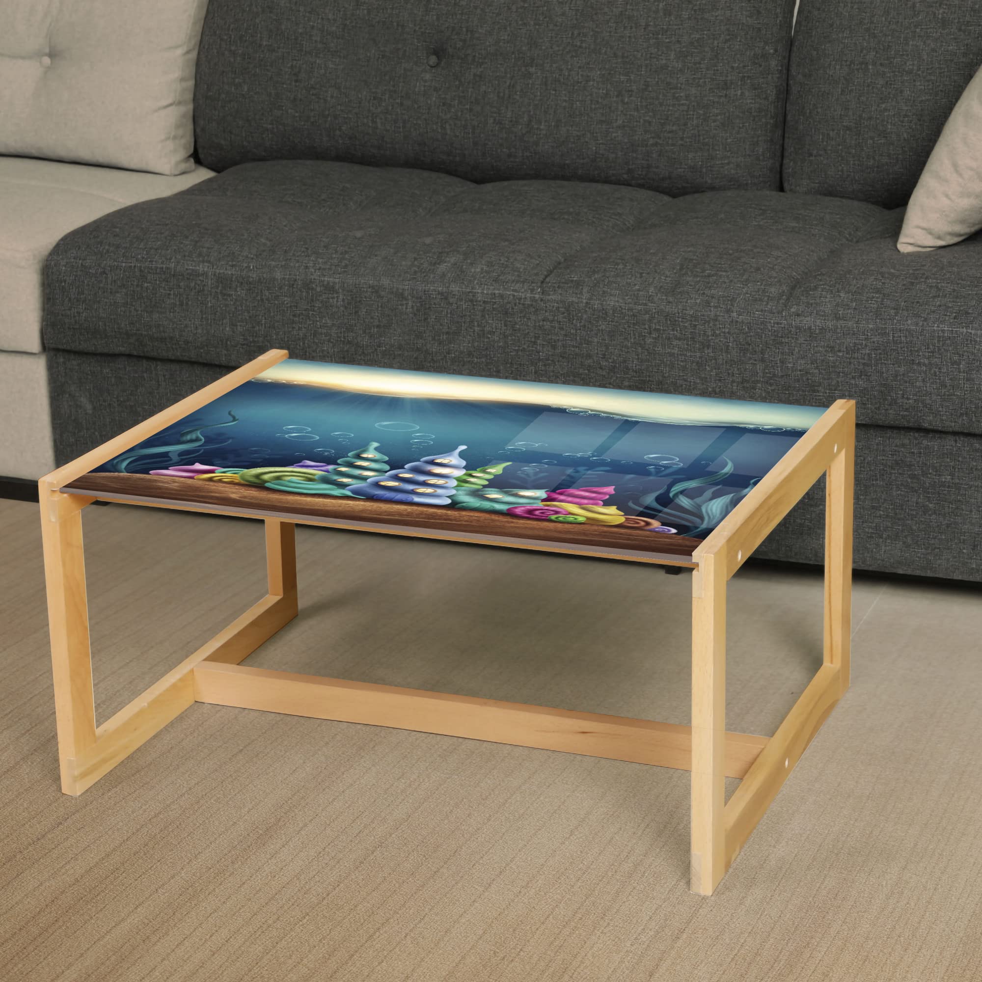 Ambesonne Ocean Themed Coffee Table - Underwater Fantasy Kingdom with Shell Houses & Water Bubbles Cartoon Print, Acrylic Glass Top with Wooden Frame - Large Teal Brown Center Table for Living Room, Office, Dorm Decor