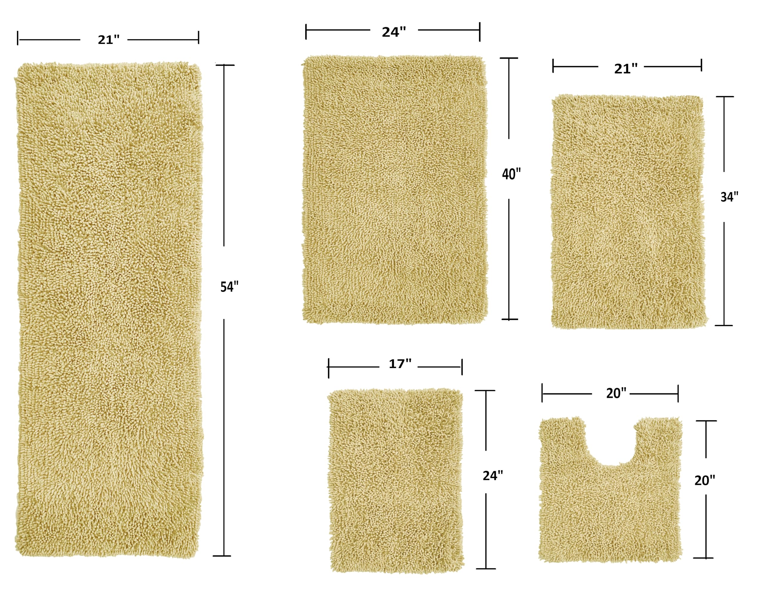 Home Weavers Fantasia 100% Cotton Bath Rug Set - Ultra Soft, Absorbent & Washable Non-Slip Bath Mats for Bathroom & Kitchen - 5 Piece Set with Contour Mat in Yellow - Perfect for Bathroom Safety, Comfort & Style