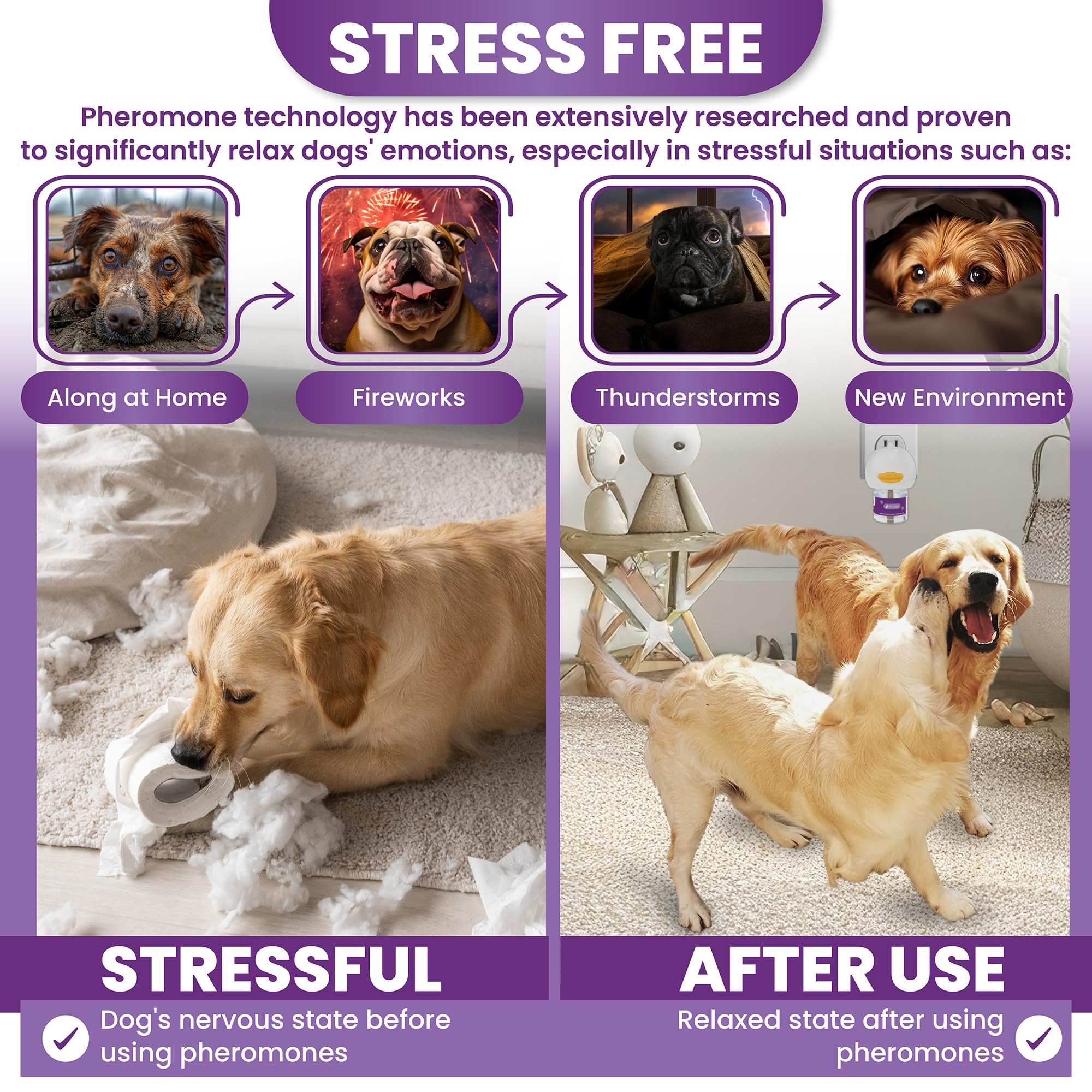 Dog Calming Pheromone Diffuser - Advanced Anxiety Relief for Dogs with Appeasing Pheromones - 2 Pack Purple - Perfect for Travel, Vet Visits & Home Stress Relief
