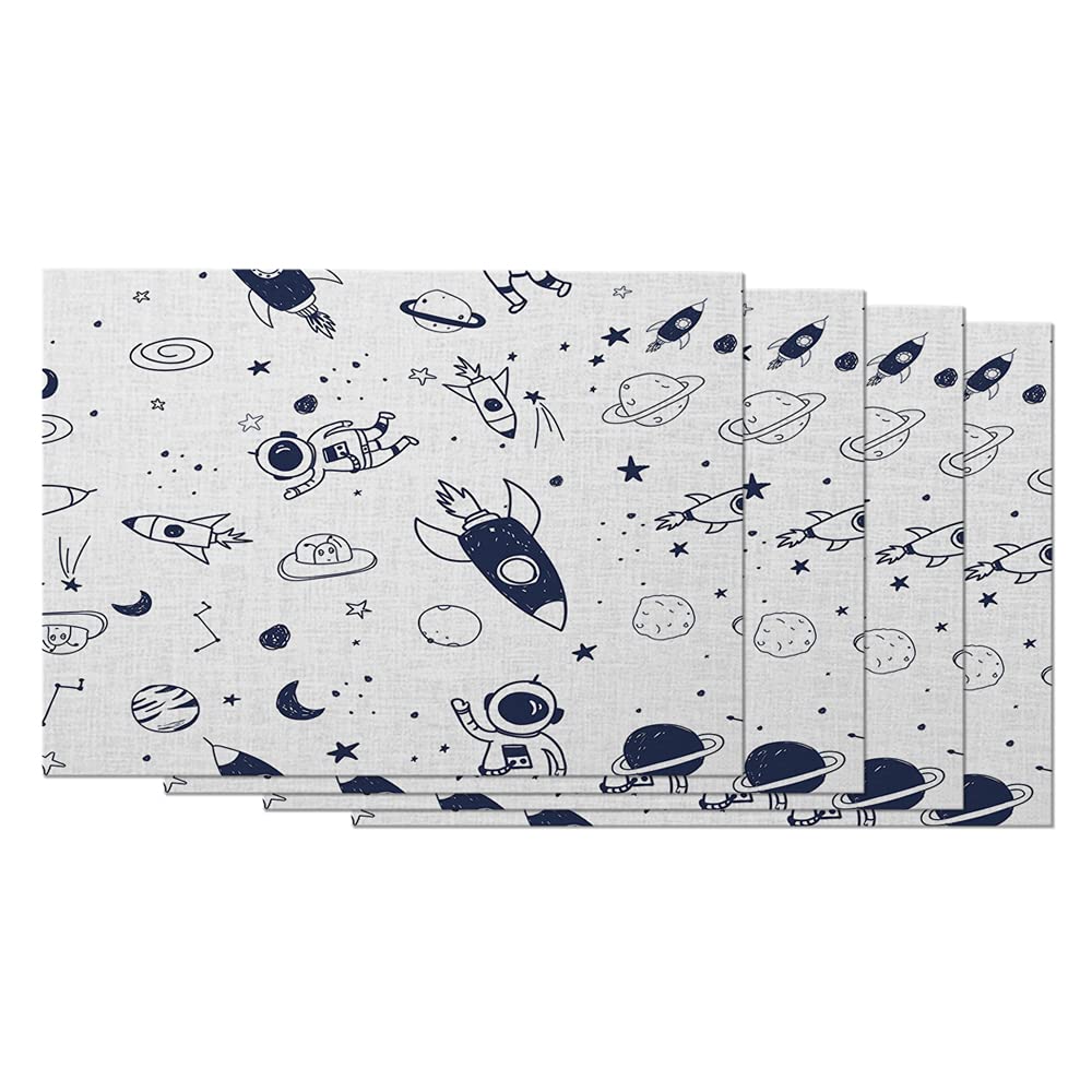 Space Theme Placemats Set of 4 - Cartoon Planet Astronaut Rocket Cosmos Galaxy Table Mats for Dining Table (12x18 Inch) | Cotton Linen Home Decor | Perfect for Kids' Birthday Parties, Space-Themed Events & Everyday Dining