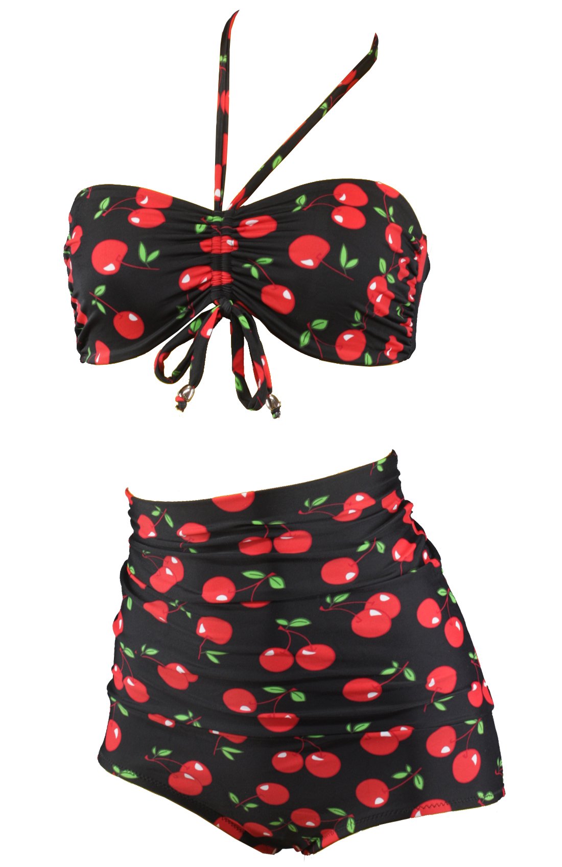 Vintage High-Waisted Bandeau Bikini for Women - Rockabilly Cherry Print Swimwear for Beach, Pool & Summer Vacations