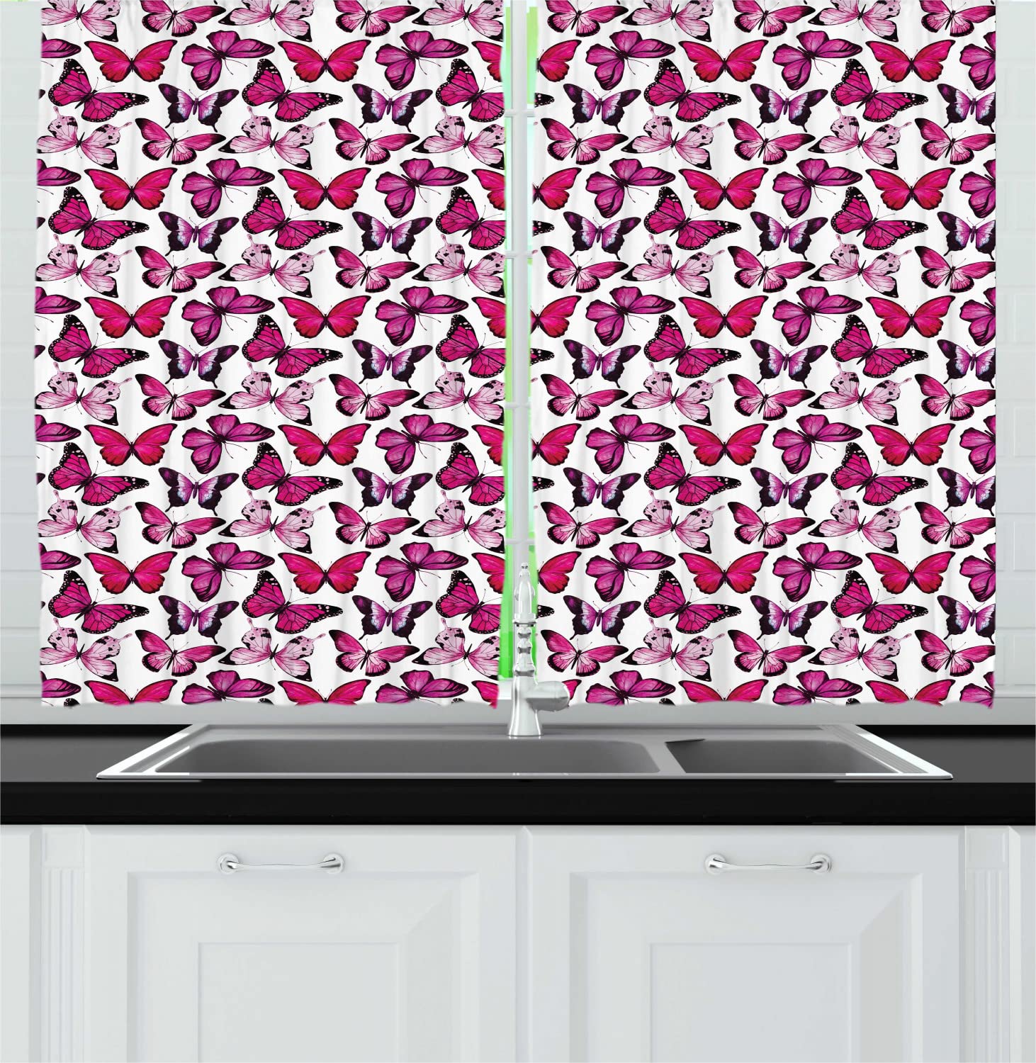 Ambesonne Pink and White Long Kitchen Curtains - Watercolor Butterfly Design, 55