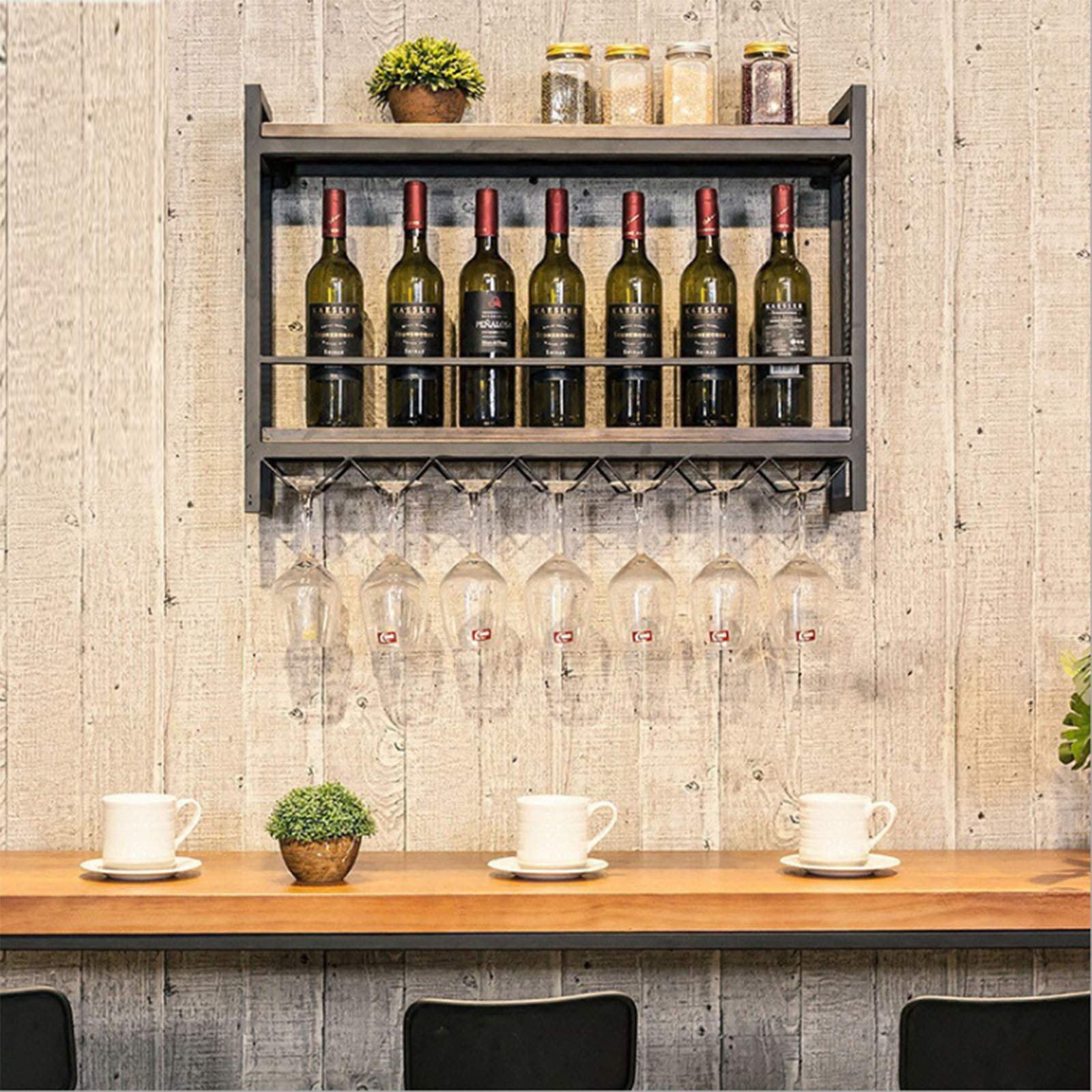 2-Tier Wall Mounted Metal Wine Rack with Stem Glass Holder - Space-Saving Hanging Wine Bottle Organizer for Kitchen, Living Room & Home Decor (60x20x55cm) - Perfect for Small Spaces & Wine Enthusiasts