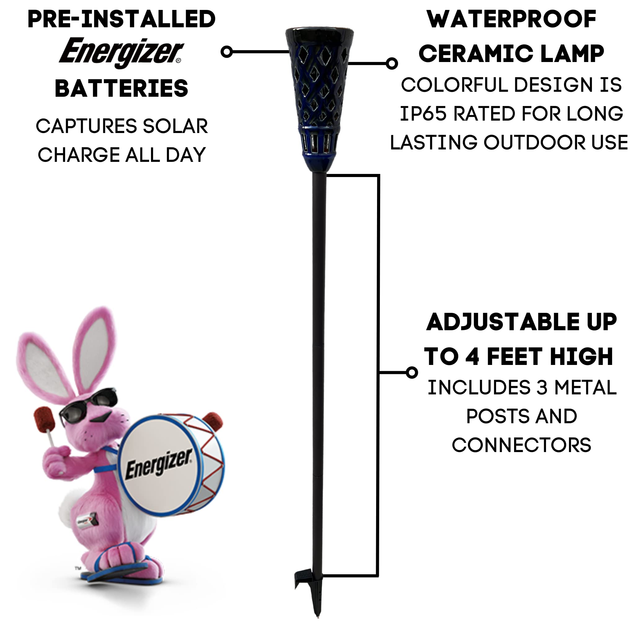 Energizer Ceramic Solar Tiki Torches - 2 Pack LED Solar Outdoor Lights with Flickering Flame Effect, IP65 Waterproof for Garden, Patio, Pathway & Backyard Decor - Solar Powered Landscape Lighting (Blue)