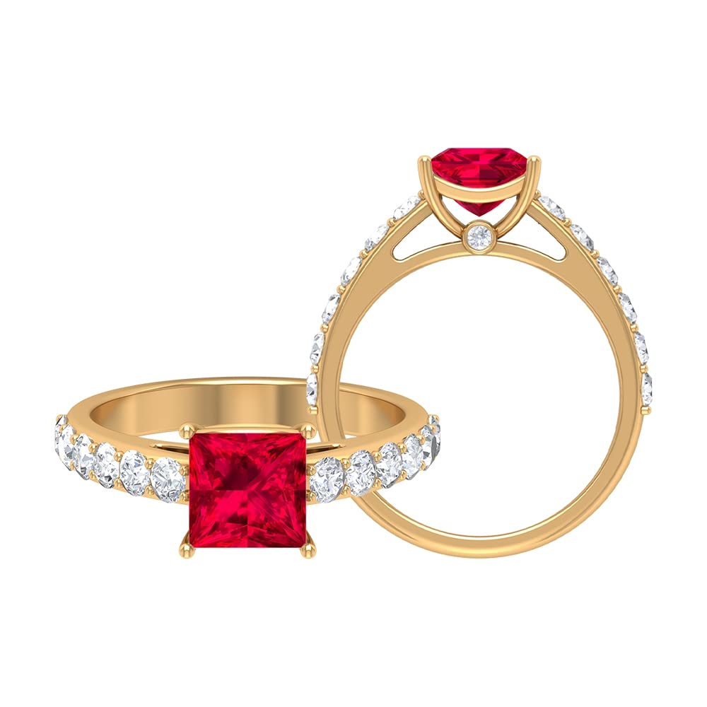 6.50mm Princess Cut Lab Created Ruby Ring with Moissanite Side Stones in 14K Solid Gold | Elegant Women's Jewelry for Weddings, Anniversaries & Special Occasions
