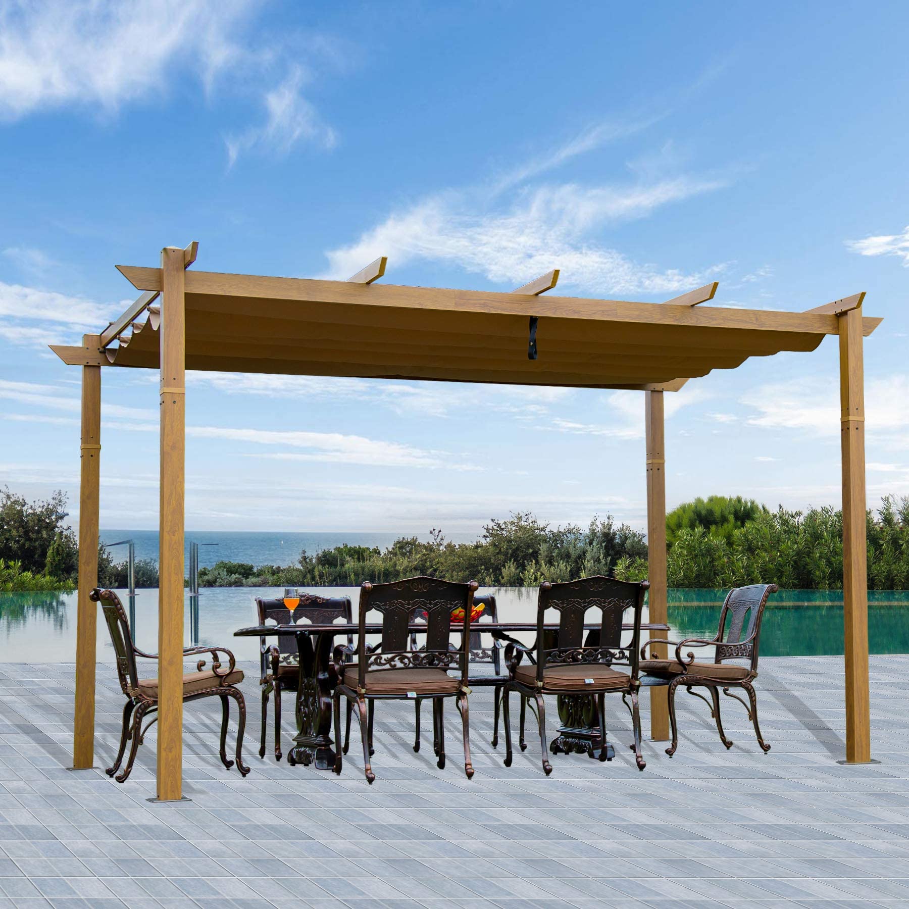 Domi Outdoor Living 10’ X 13’ Retractable Pergola with Heavy Duty Grape Trellis Sunshade - Teak Coated Patio Gazebo for Garden, Backyard & Courtyard | Perfect for Outdoor Dining, BBQ Grill Area & Relaxation