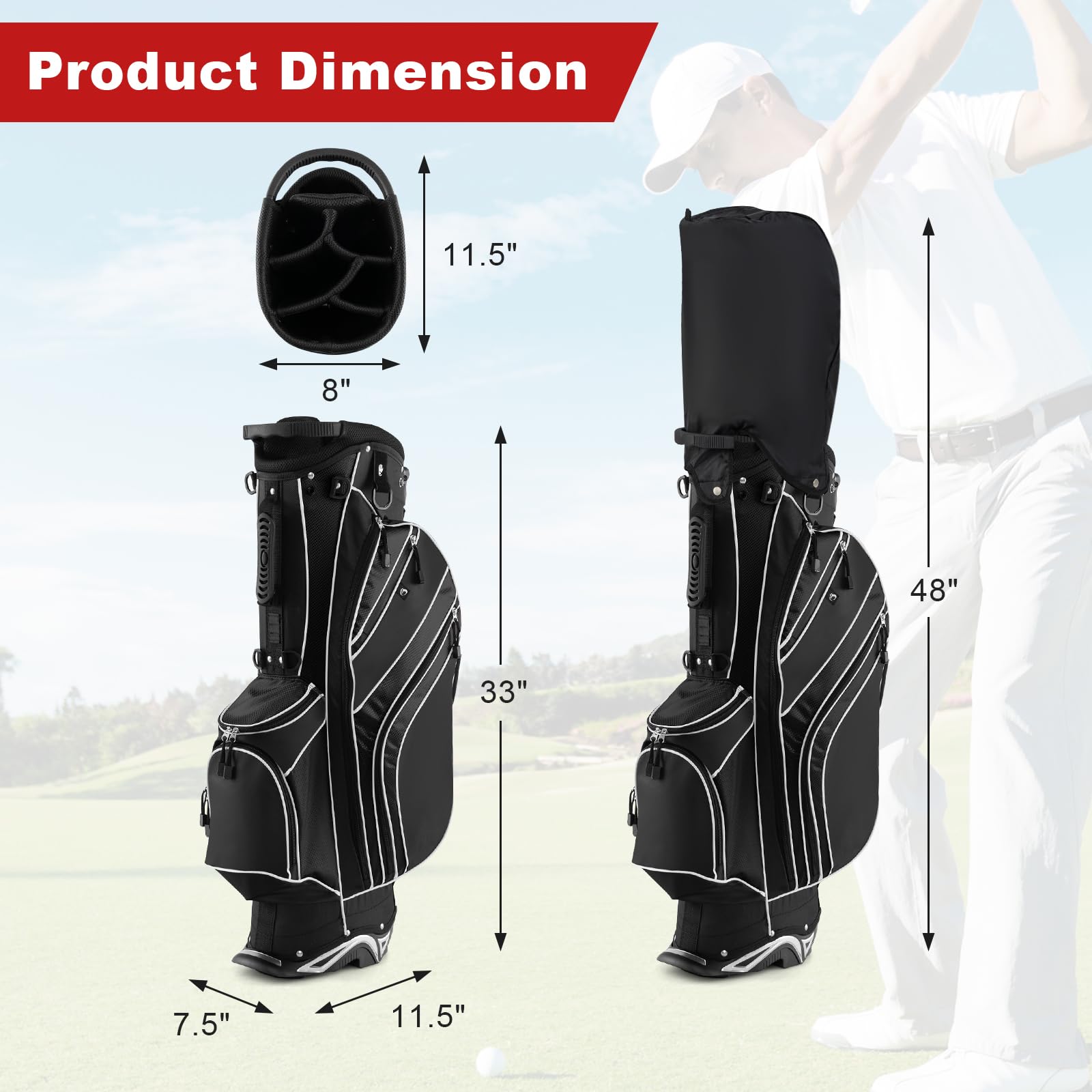 GYMAX Golf Stand Bag - 6-Way Divider Golf Club Bag with 8 Pockets, Rain Hood, Umbrella Holder & Glove Sticker | Lightweight Portable Golf Bag for Men & Women | Perfect for Driving Range, Course Play & Travel