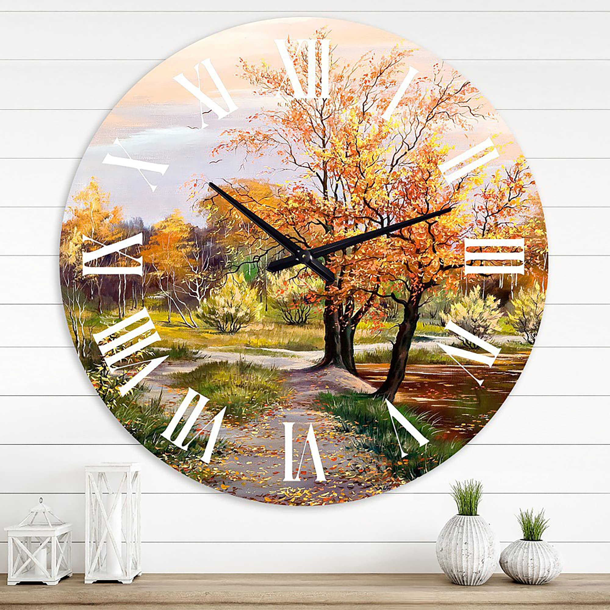Large 'River in The Orange Woods' Landscape Wall Clock - Nature-Inspired Decor for Home, Office & Living Room | Silent Non-Ticking Modern Clock