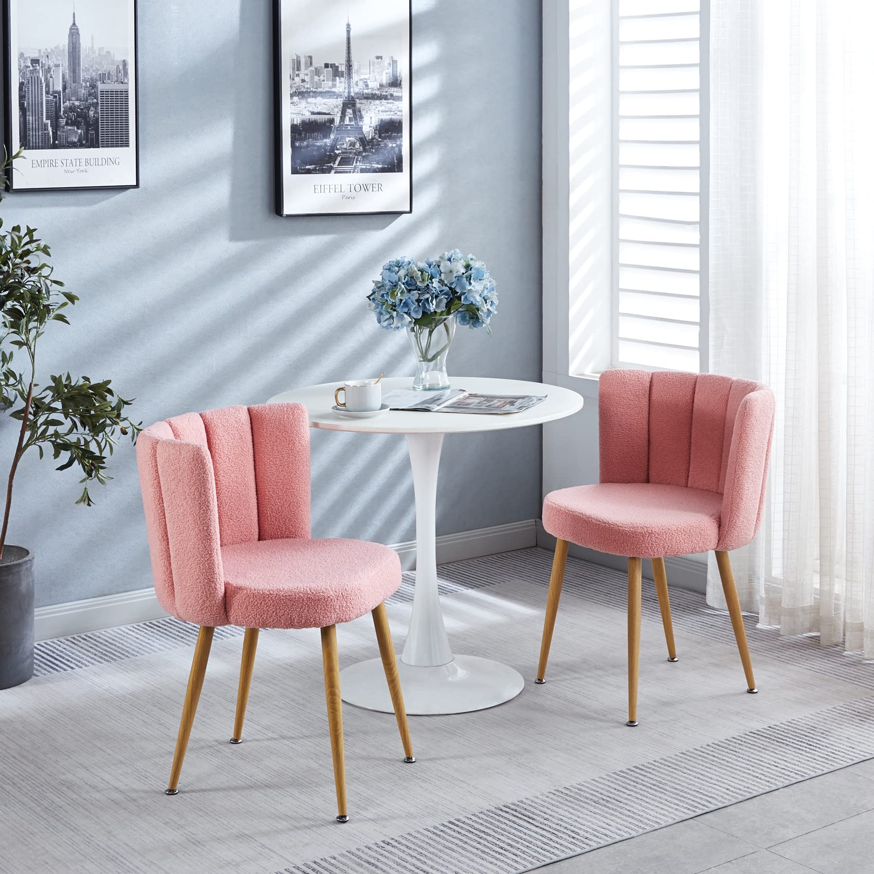 Pink Sherpa Accent Chairs Set of 2 - Mid Century Modern Upholstered Side Chairs for Dining Room, Living Room, Bedroom & Vanity - Cozy Seating for Home Office, Reading Nook & Lounge Areas