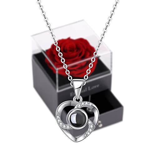 Tiaronics Preserved Rose Drawer with 'Love You' Necklace in 100 Languages - Handmade Fresh Rose Romantic Gift for Valentine's Day, Mother's Day, Anniversary | Perfect Jewelry Gift for Her, Wife, Girlfriend