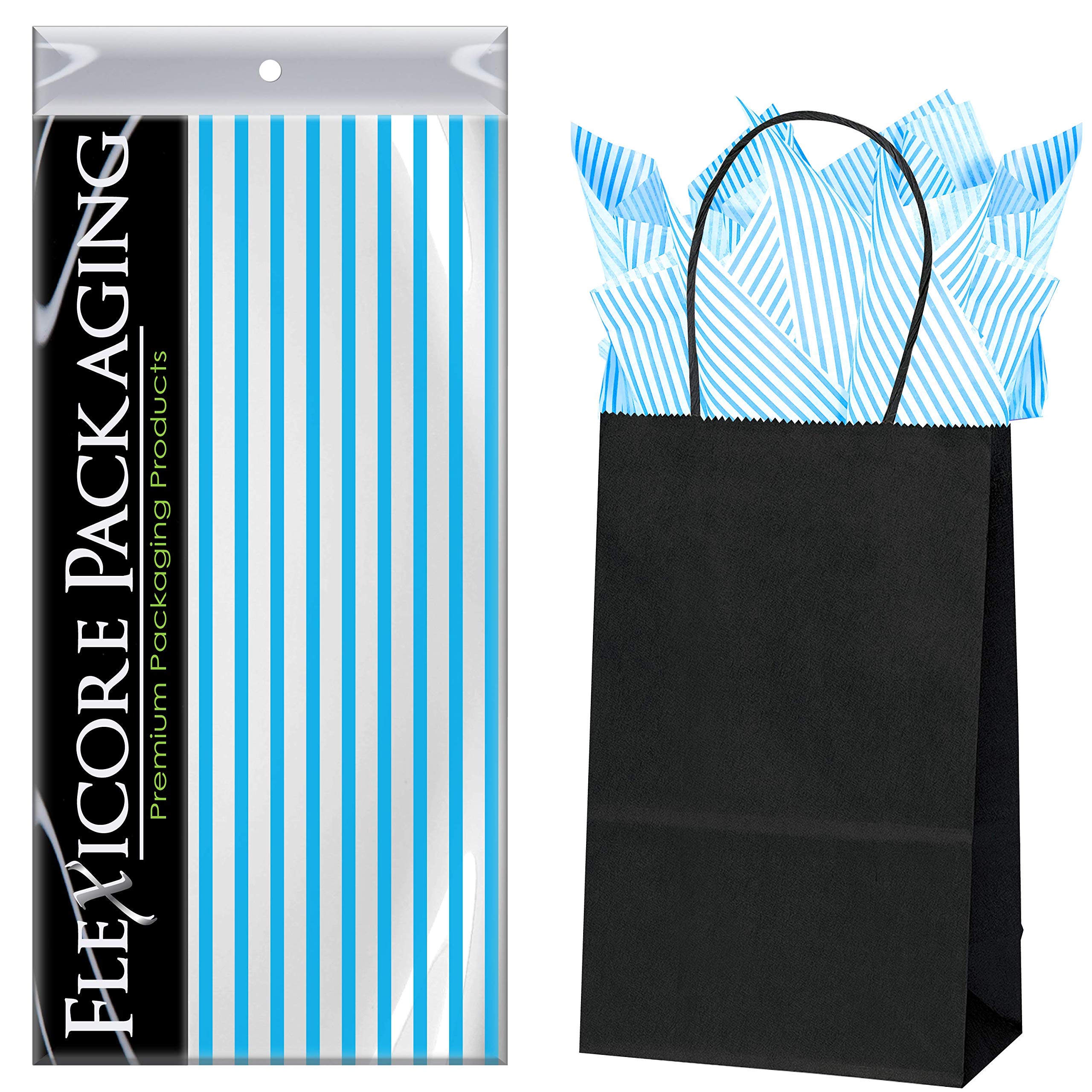 Premium Black Kraft Paper Gift Bags with Turquoise Pin Stripe & Matching Tissue Wrap - 5.25