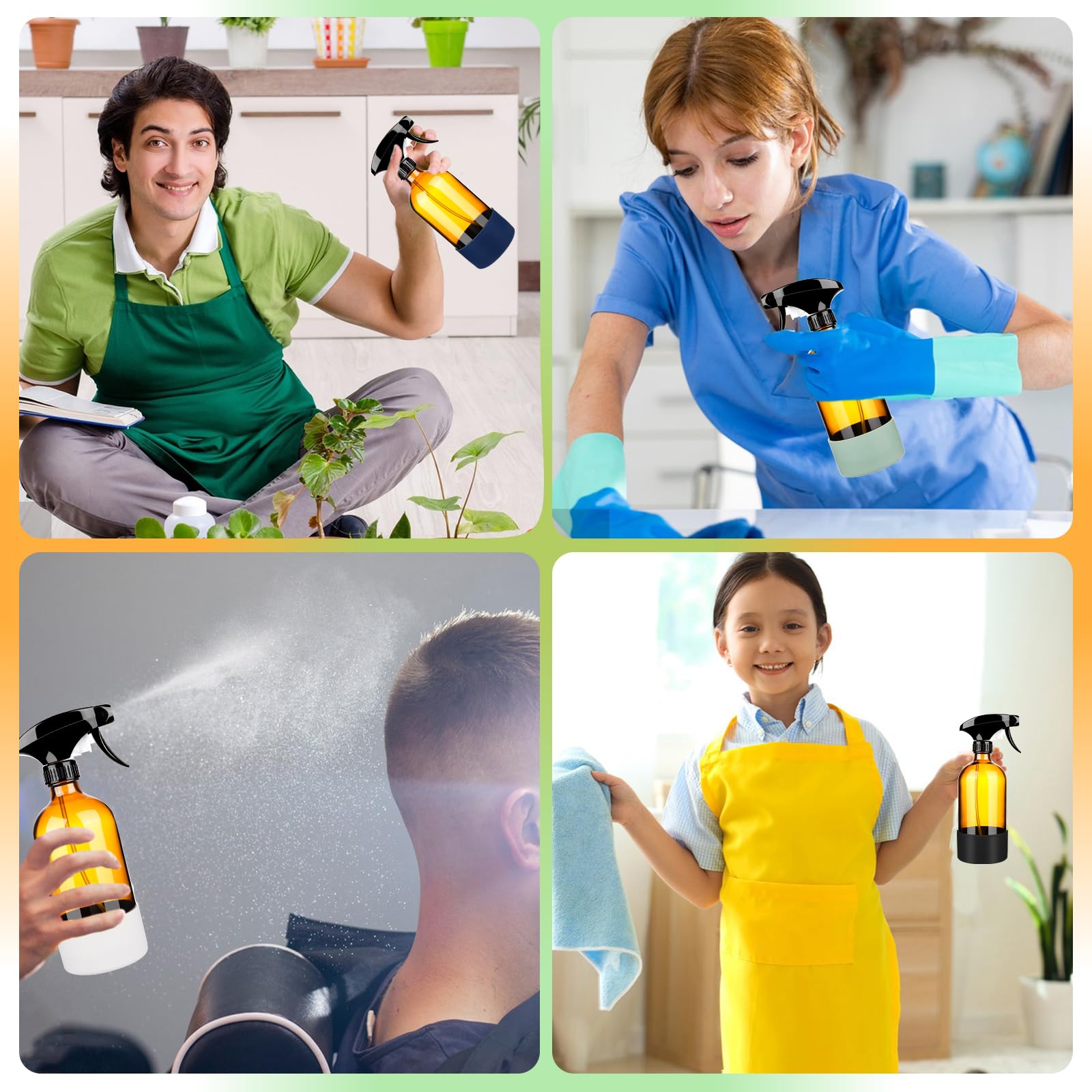 5 Pack 16 Oz Glass Spray Bottles with Silicone Sleeve - Refillable Empty Bottles with Upgraded Adjustable Nozzle for Cleaning, Essential Oils, Hair Care & DIY Projects - Perfect for Home, Kitchen, Bathroom & Garden Use (Amber)