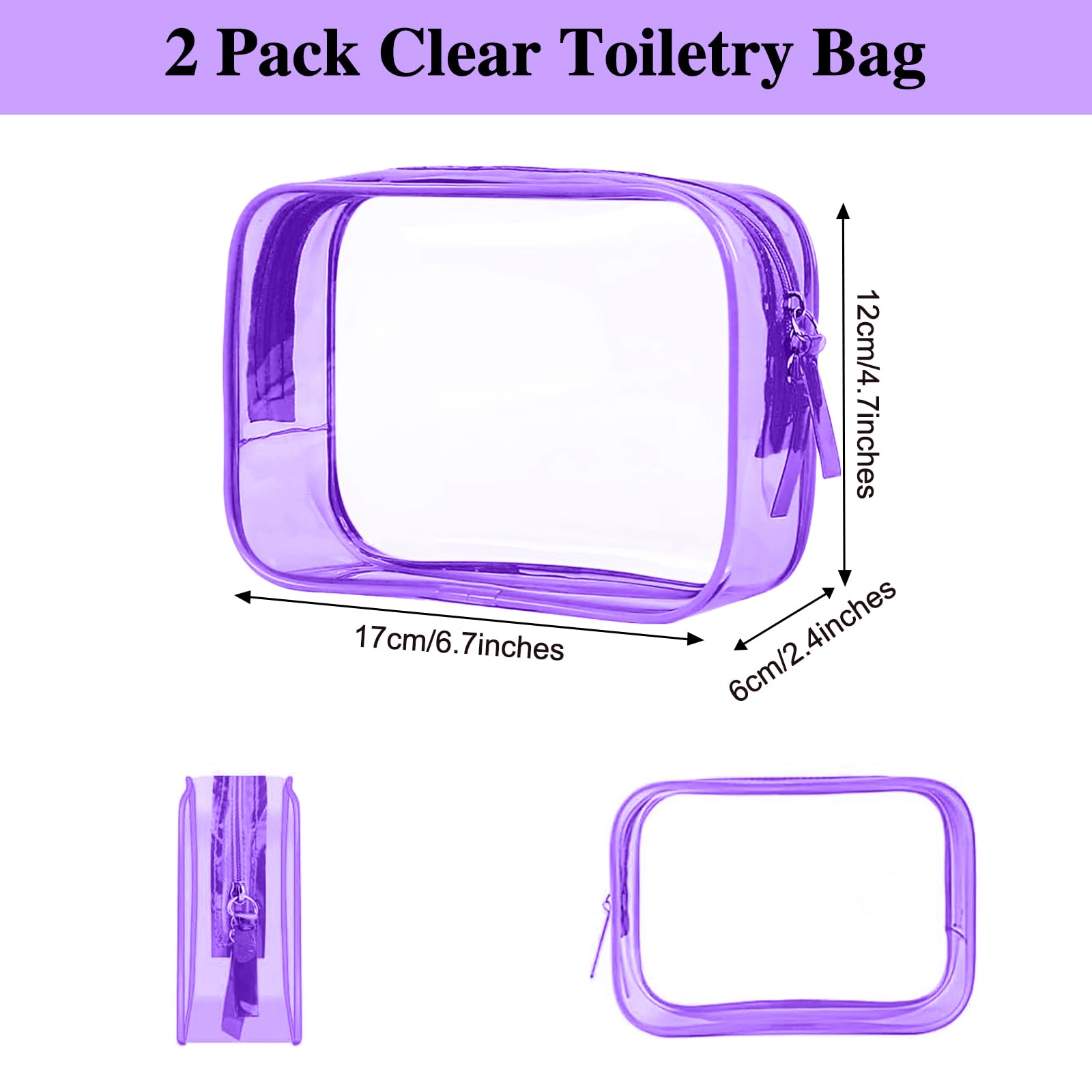 PLULON 2 Pack Clear TSA Approved Travel Toiletry Bag - Quart Size Leakproof Cosmetic Organizer for Women & Men (Purple) - Perfect for Airplane Carry-on, Gym & Vacation Essentials