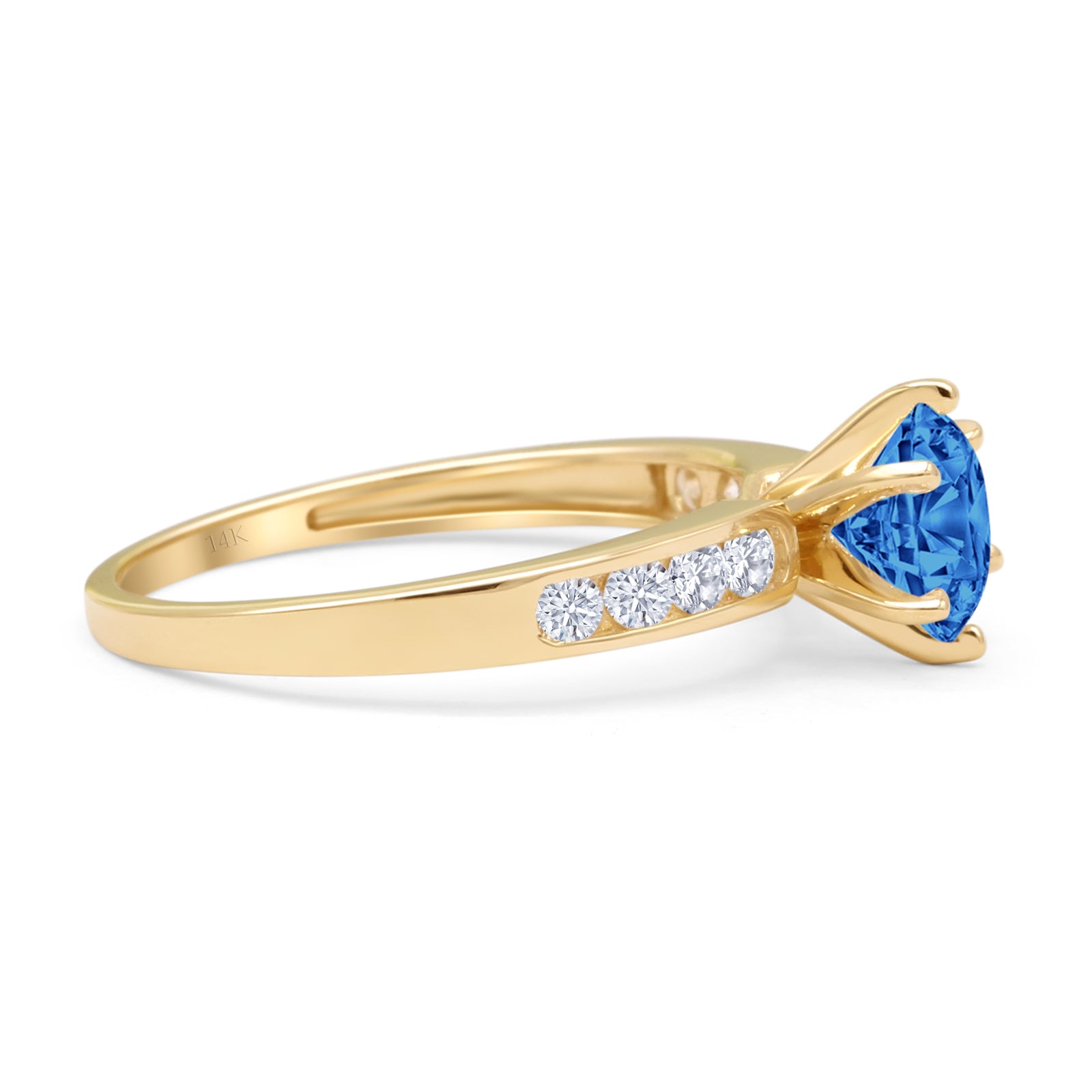 14K Yellow Gold Round Blue Topaz CZ Cathedral Ring for Women - Elegant Wedding, Engagement, Anniversary Jewelry Gift - Perfect for Bridal, Party & Special Occasions