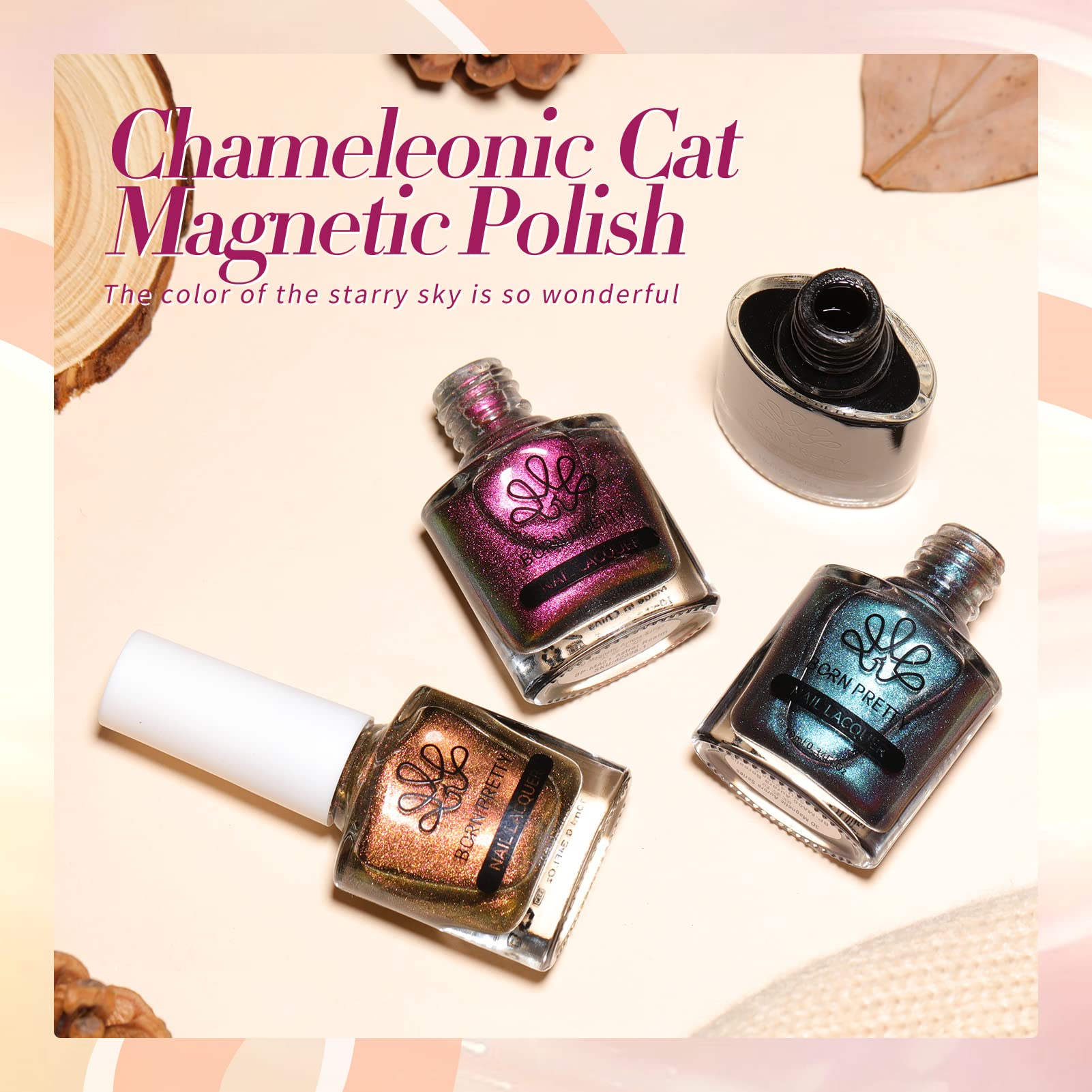 Born Pretty 3D Cat Magnetic Nail Polish Set - 4 Bottles (10ml Each) with Magnet Stick | Chameleon Color Changing Nail Art Kit for Cat Lovers | Perfect for Halloween, Cosplay & Nail Salon Designs