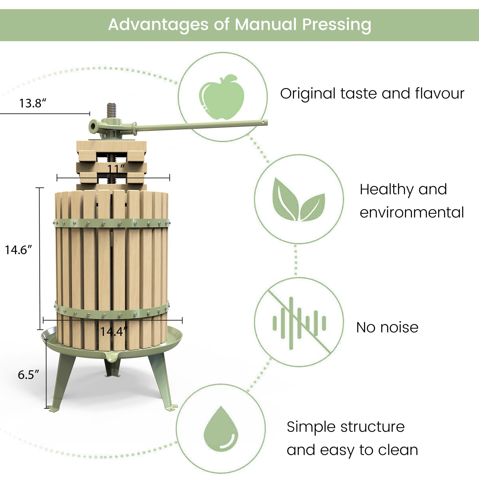 Premium Manual Fruit Wine Press - 100% Natural Apple & Grape Crusher for Fresh Juice Making | Heavy Duty 4.75 Gallon Solid Wood Cider Press | LFGB Certified | Perfect for Home Brewing, Kitchen Use & DIY Wine Making (Green)