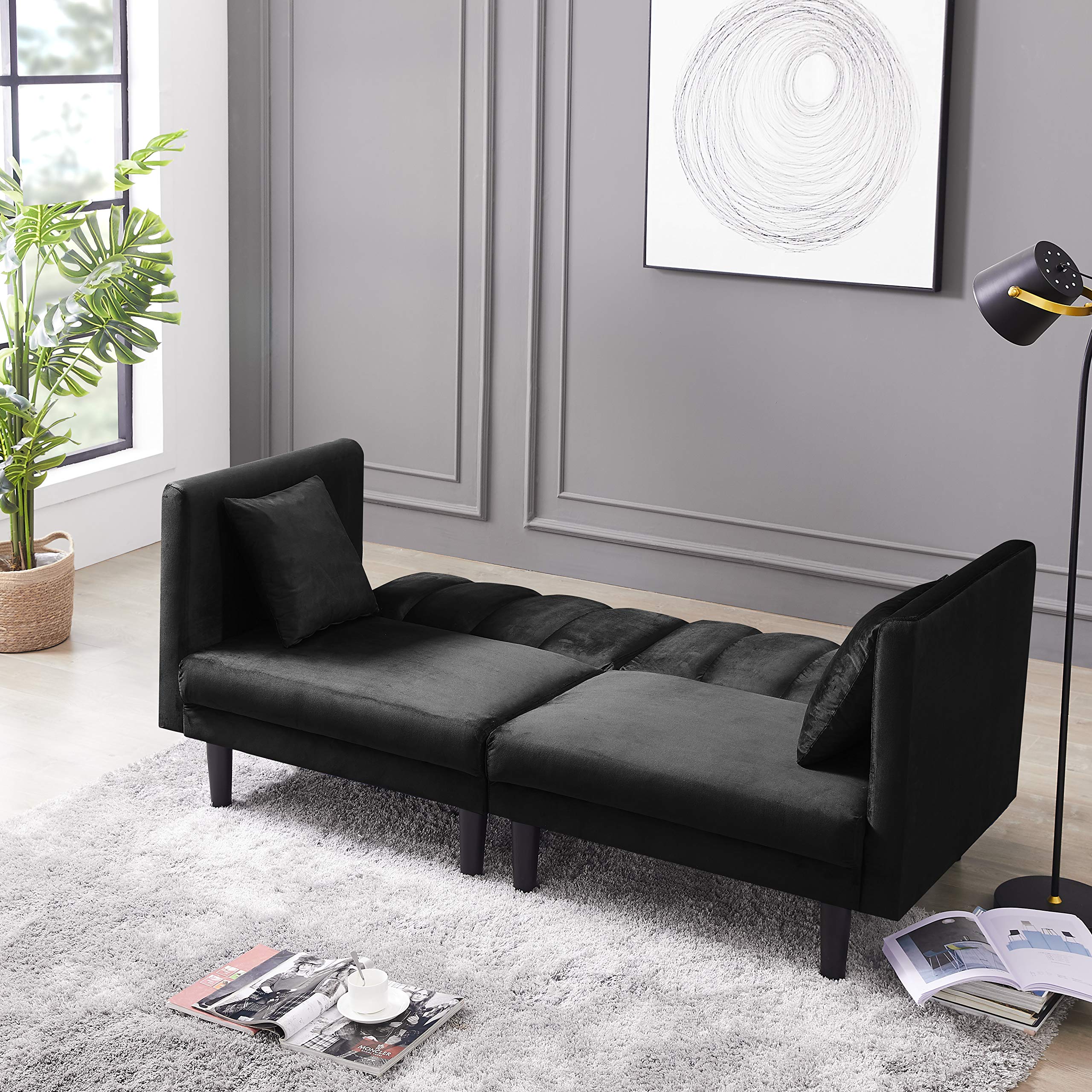 Modern Convertible Loveseat Sofa Bed - Black Velvet Futon Sleeper with Solid Metal Frame, 73.2