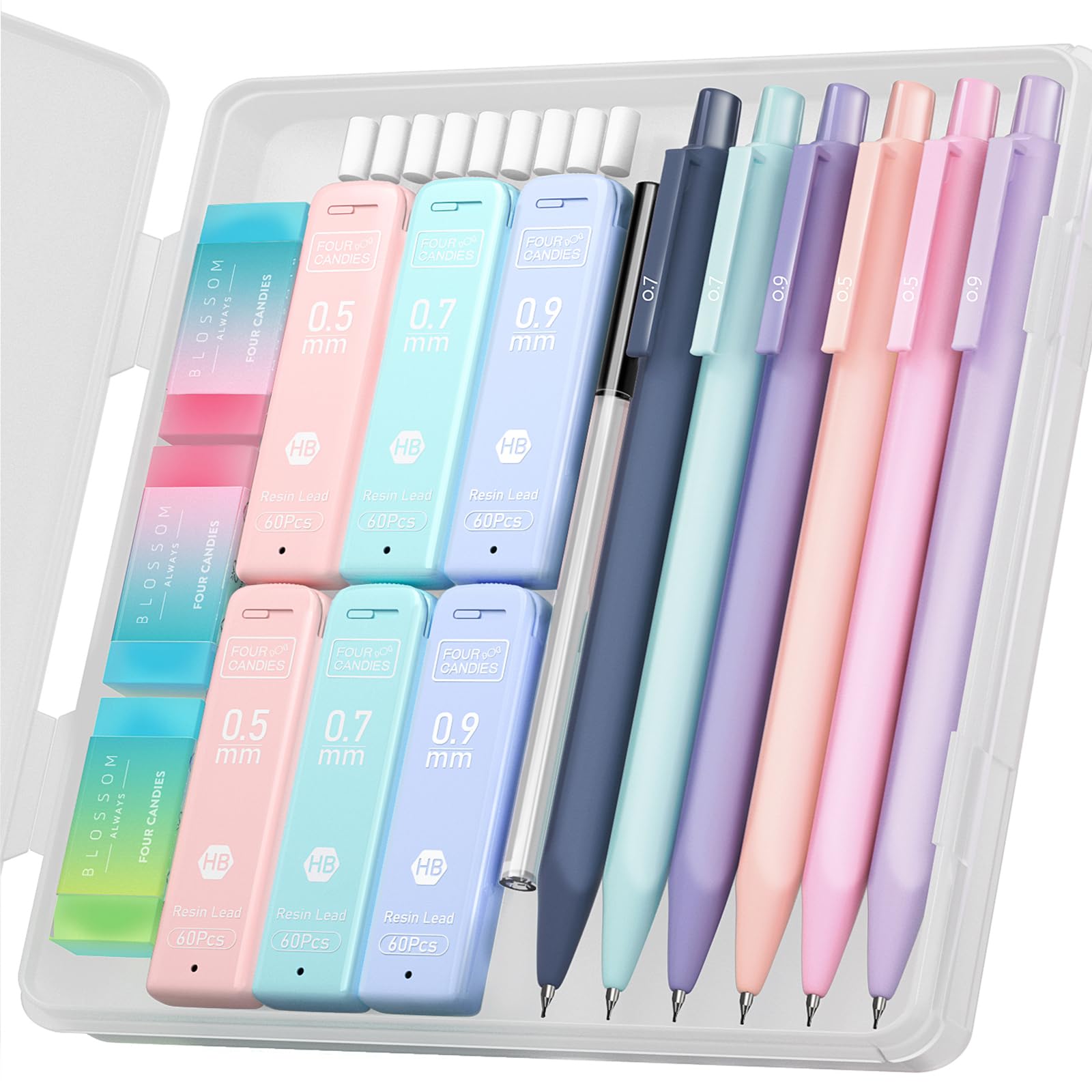 Pastel Mechanical Pencil Set (6PCS) - 0.5mm/0.7mm/0.9mm with 360 Leads, 3 Erasers & 9 Refills - Cute Aesthetic Writing & Drawing Pencils for Girls, Students & Artists - Perfect for School, Office, Sketching & Note Taking