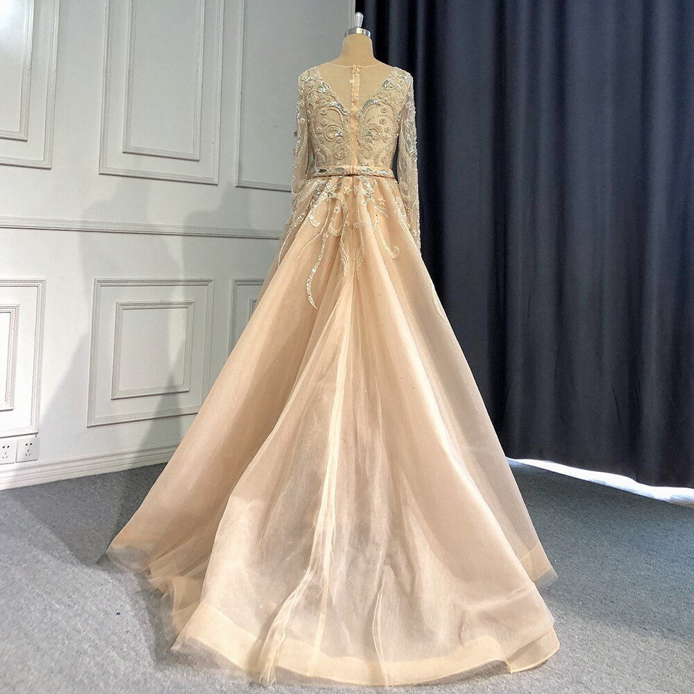 Elegant Muslim Nude Silver Mermaid Evening Gown with Beaded Details - Luxury Women's Party Dress for Special Occasions | Perfect for Weddings, Galas, and Formal Events