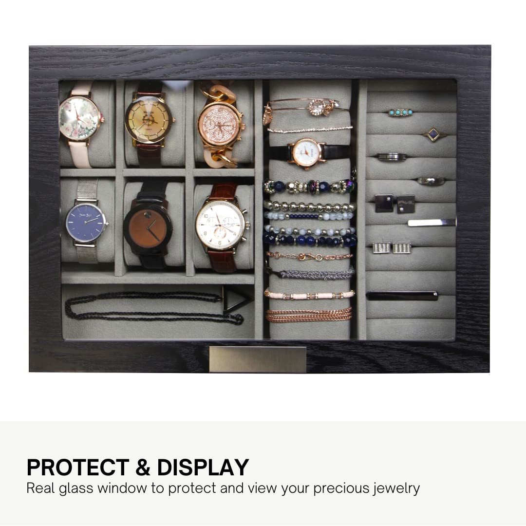Premium Unisex Black Wooden Valet Tray - Sunglasses & Jewelry Organizer Box for Dresser, Nightstand, and Entryway Storage