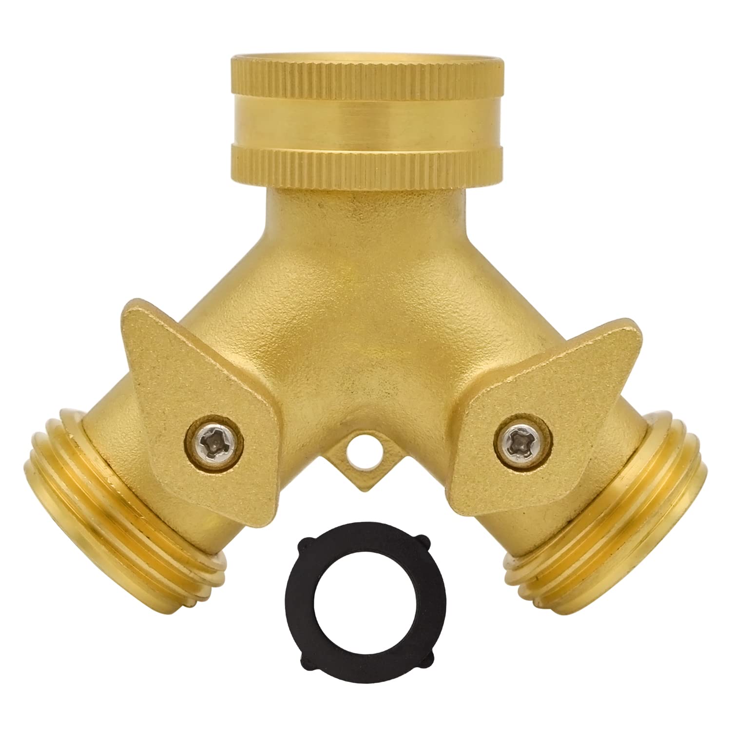 HYDRO MASTER Heavy Duty Brass 2-Way Y Splitter Garden Hose Connector with Comfortable Grip Shut Off Valves - Water Tap Adapter for Outdoor Faucet, Spigot & Outlet - Includes Extra Rubber Washers - Perfect for Lawn Irrigation, Car Washing & Garden Watering