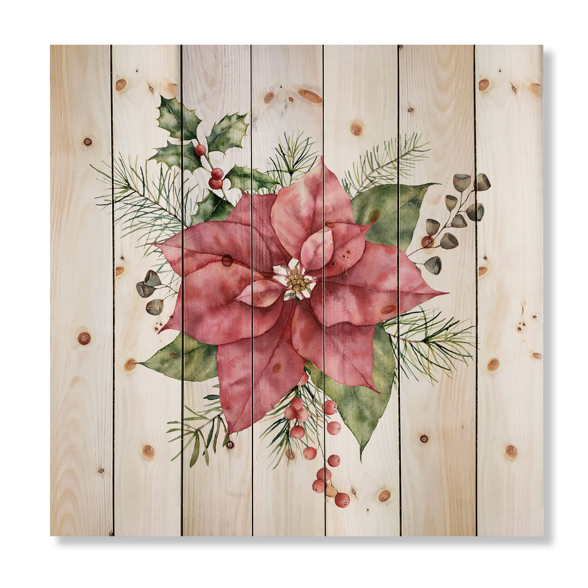 Holly Mistletoe Christmas Wood Wall Decor - Red Floral Pine Art for Holiday Home Decor