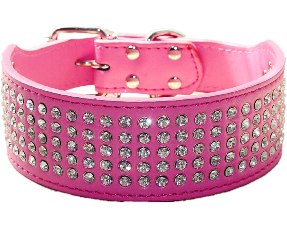 Sparkling Rhinestone Dog Collar - 5cm Wide 5-Row Crystal Design, Elegant PU Leather Pet Collar for Medium & Large Dogs (Hot Pink, Size M) - Perfect for Parties, Weddings & Special Occasions
