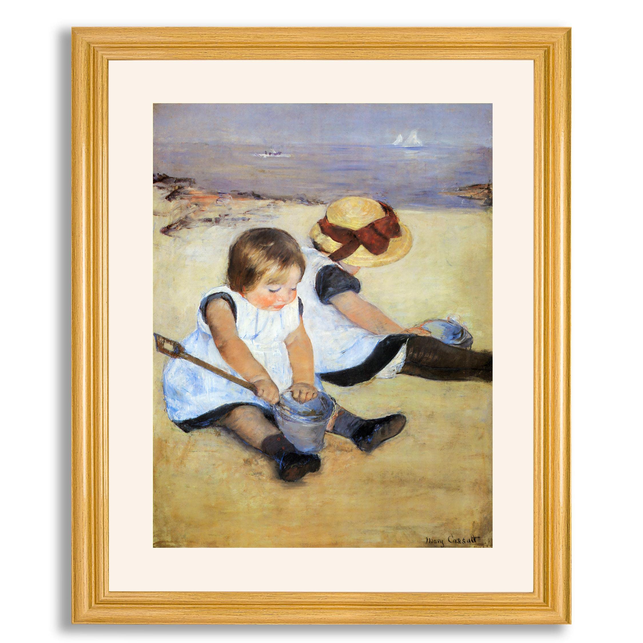 Mary Cassatt Framed Impressionist Print - Children Playing on The Beach Fine Art Reproduction Poster | Famous Painting Wall Decor for Bedroom, Living Room & Office | Wood Frame Artwork for Home & Office Decoration