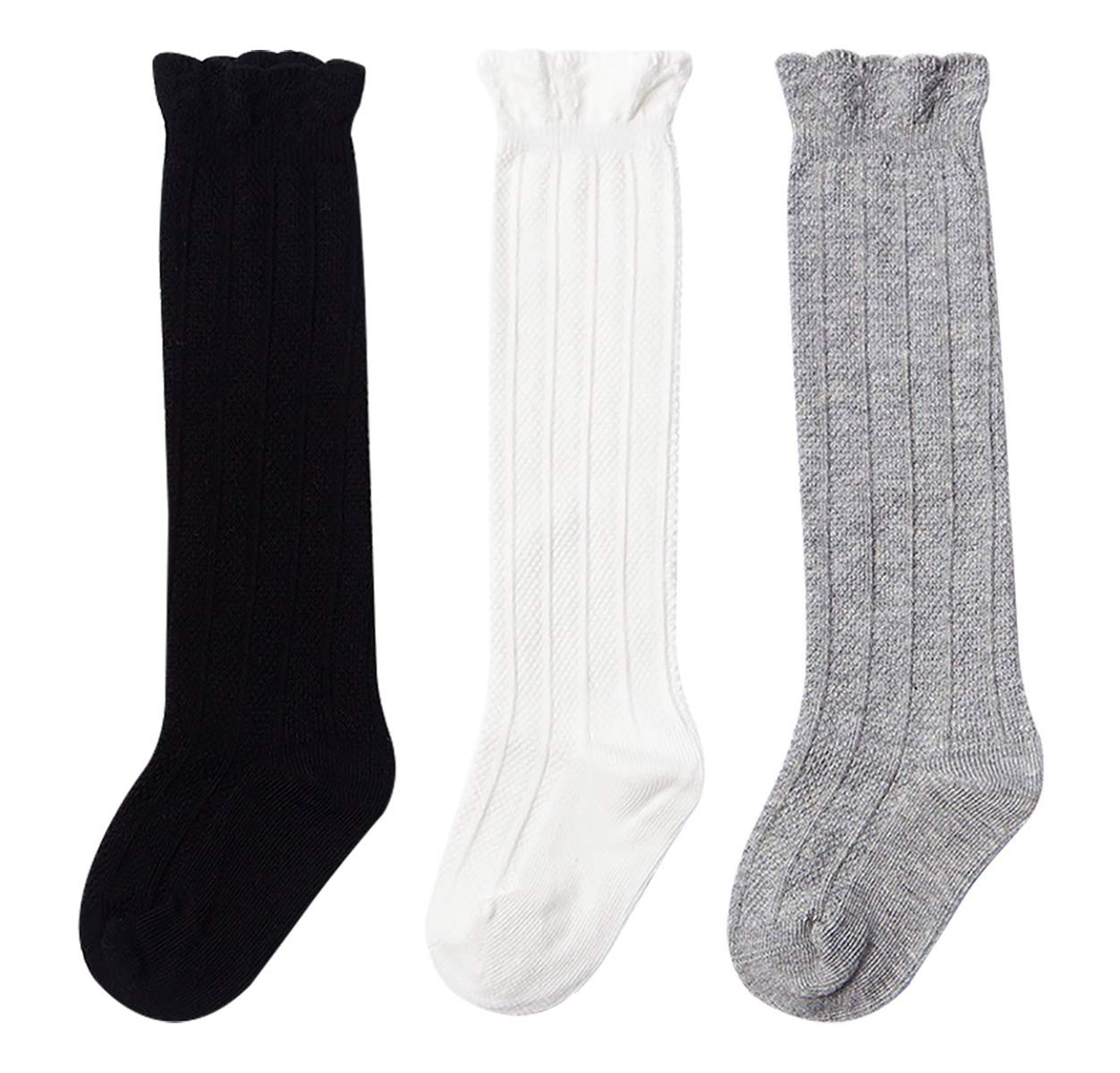 Happy Cherry Knee High Socks for Baby Girls - 3 Pack Cute Long Tube Ruffled Socks with Warm Stockings - Perfect for Winter Outfits, Photoshoots & Special Occasions