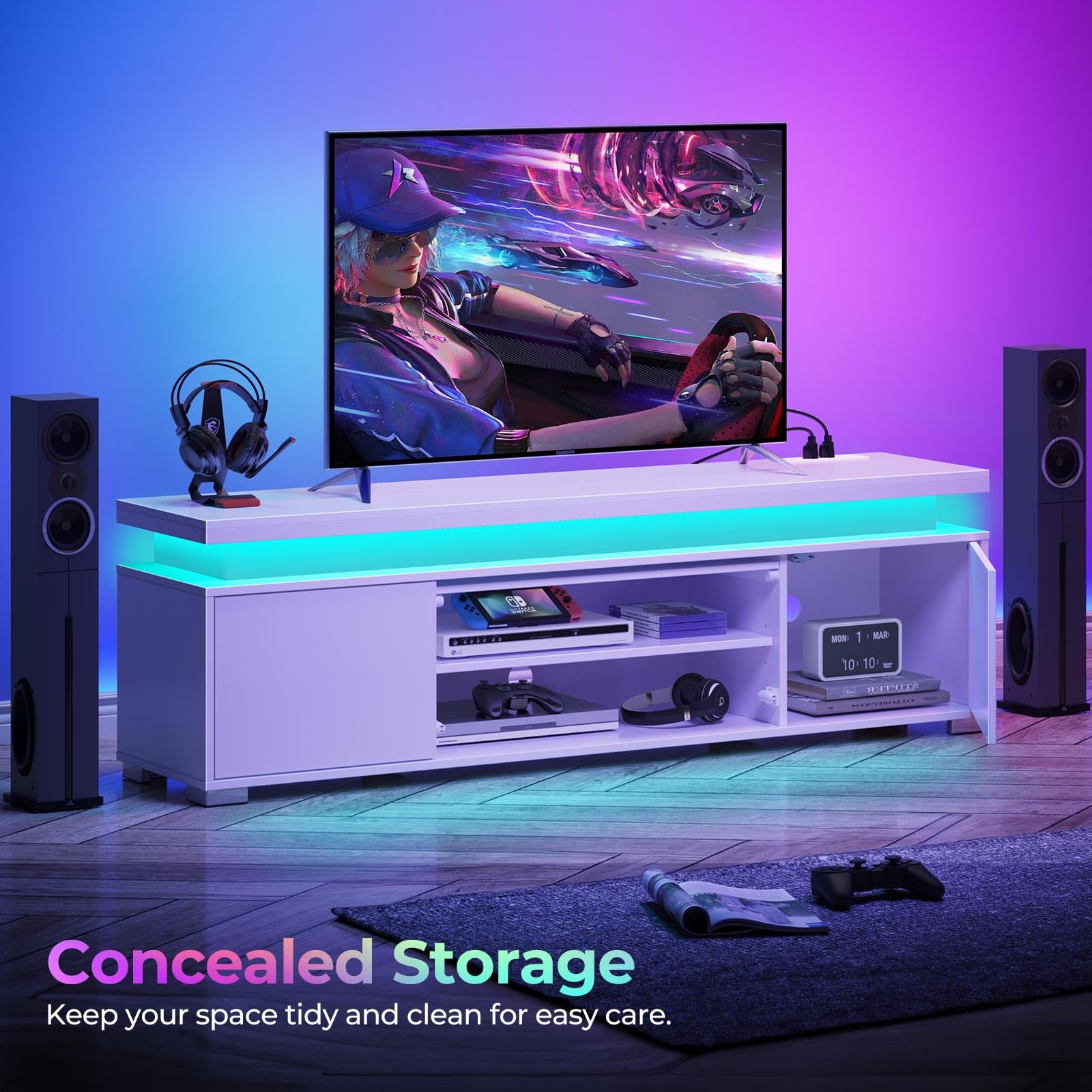 Rolanstar Modern TV Stand with LED Lights & Power Outlet - Universal Entertainment Center for 32-65 Inch TVs, Gaming Media Storage Cabinet with Large Storage Space - Perfect for Living Room, Bedroom & Home Theater (White)