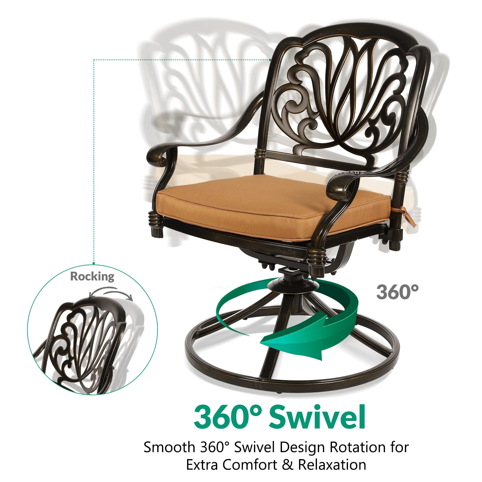VIVIJASON 2-Piece Outdoor Swivel Bistro Dining Chairs Set - Cast Aluminum Rocking Patio Furniture with Cushions - Perfect for Balcony, Garden, Backyard, Lawn & Poolside Relaxation - Antique Bronze Finish