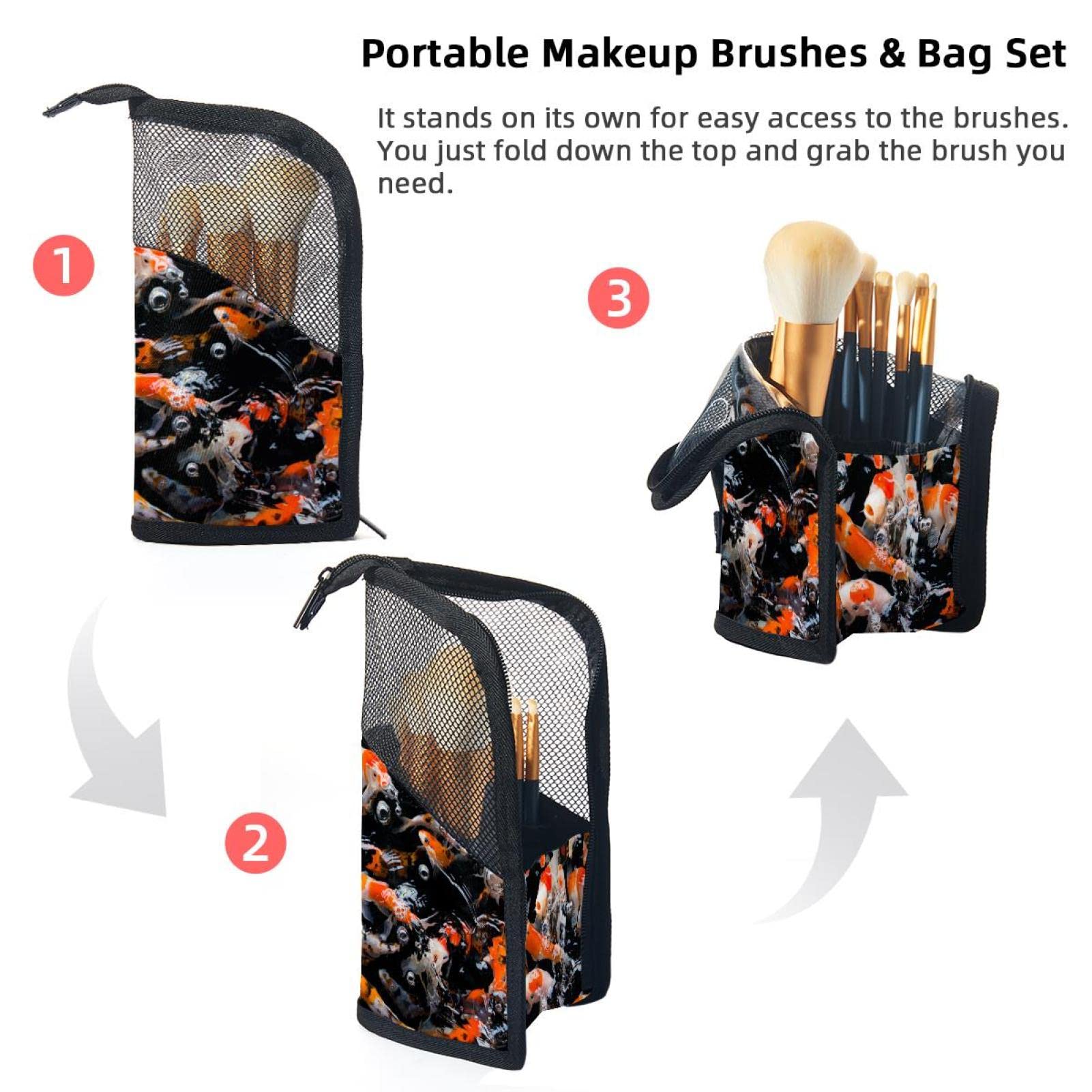Japanese Koi Fish Makeup Brush Organizer Bag with 12 Slots - Portable Waterproof Cosmetic Brush Holder Case for Travel, Home Vanity & Professional Makeup Artists