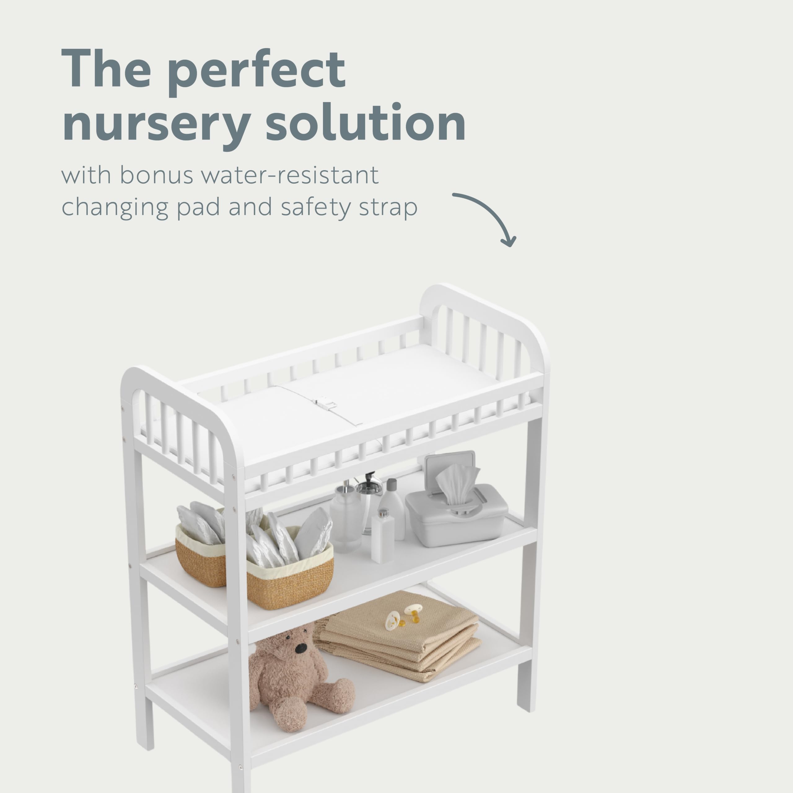 Storkcraft Pasadena White Changing Table with Water-Resistant Pad - GREENGUARD Gold Certified Baby Nursery Furniture, 2 Open Shelves & Safety Strap | Perfect for Diaper Changing, Baby Care Organization in Nursery Rooms
