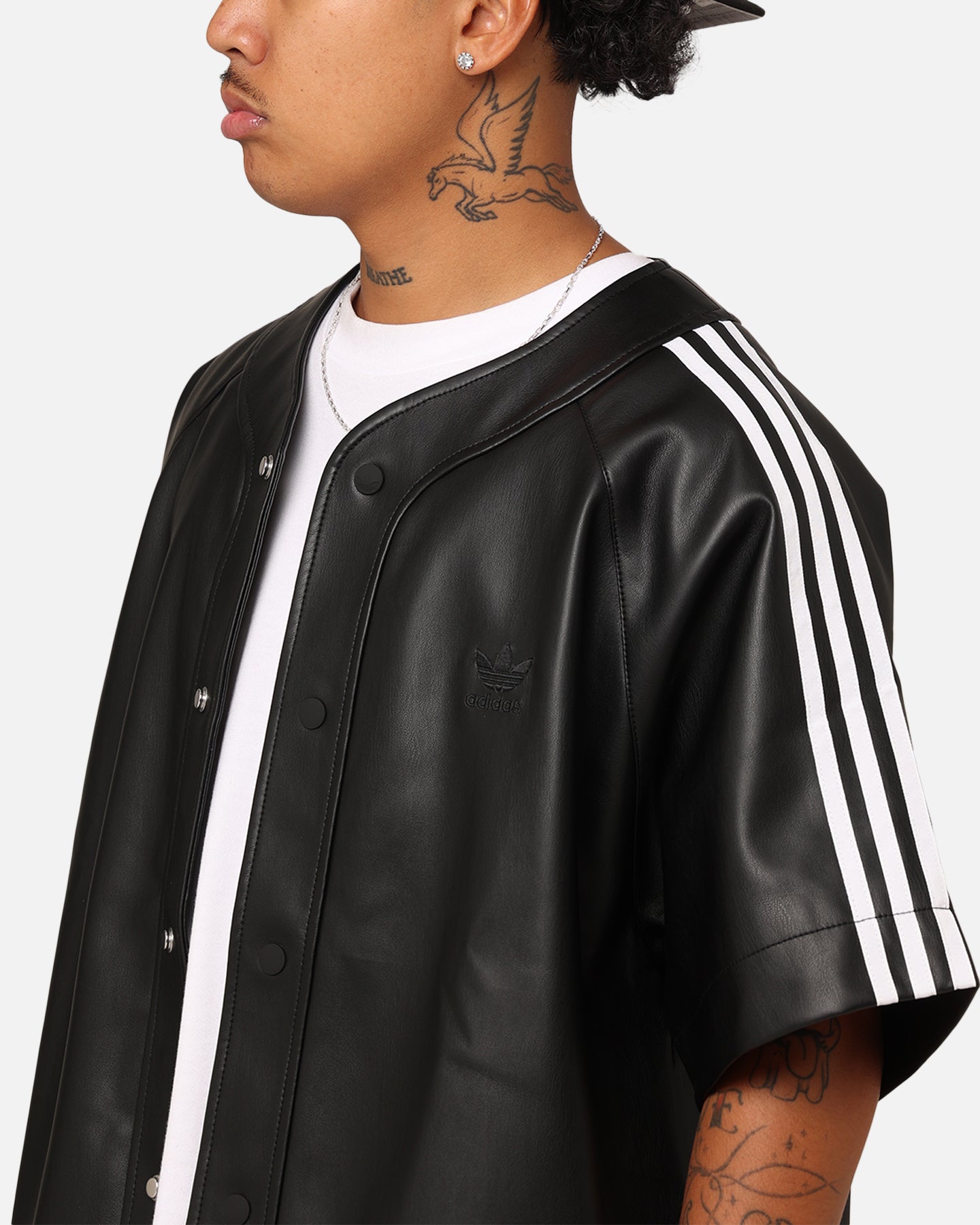 Adidas Faux Leather Adicolor 3 Stripes Baseball T-Shirt for Men - Black Casual Shirt for Streetwear, Sports & Everyday Outfits