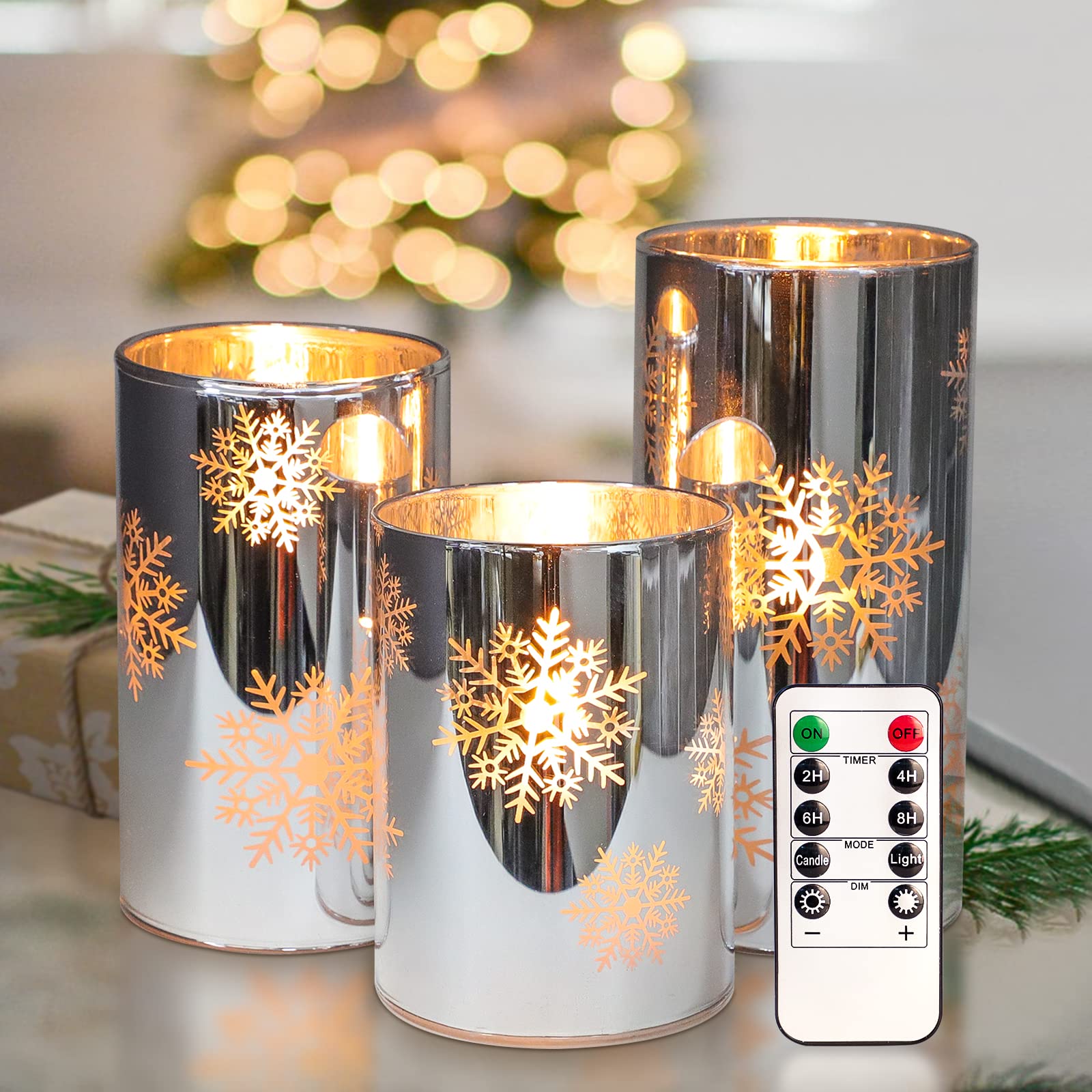 Revelbunny Flameless LED Candles - Battery Operated Snowflake Christmas Candles with Remote & Timer, Electroplated Glass Pillar Candles for Holiday Decor (Set of 3) - Perfect for Xmas Parties, Home Decor, Winter Weddings & Cozy Ambiance