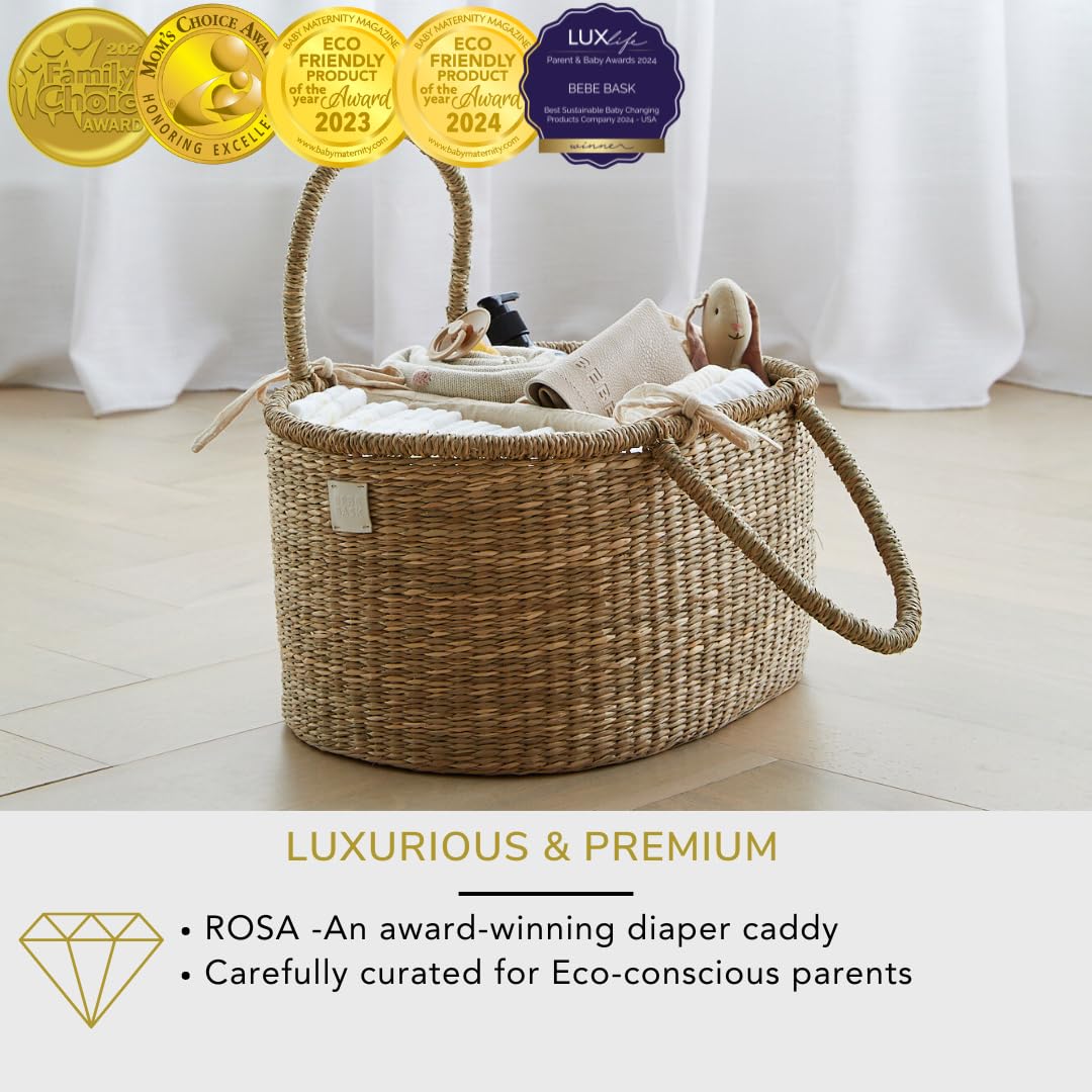 Premium Baby Diaper Caddy Organizer - Handwoven Seagrass Storage Basket with Cotton Divider | Award-Winning Nursery Organization Solution | Perfect for Baby Showers, Nursery Decor & Diaper Storage (ROSA)