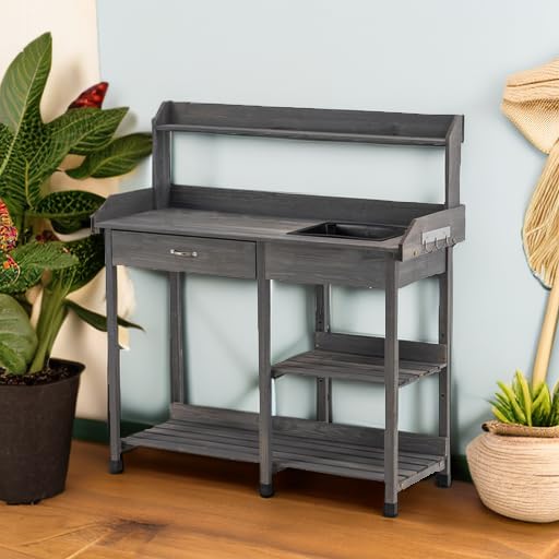 MCombo Outdoor Potting Bench with Dry Sink, Drawer & Storage Shelves - Natural Wooden Garden Workstation for Planting, Gardening - Perfect for Patio, Backyard, Porch & Greenhouse (Grey)