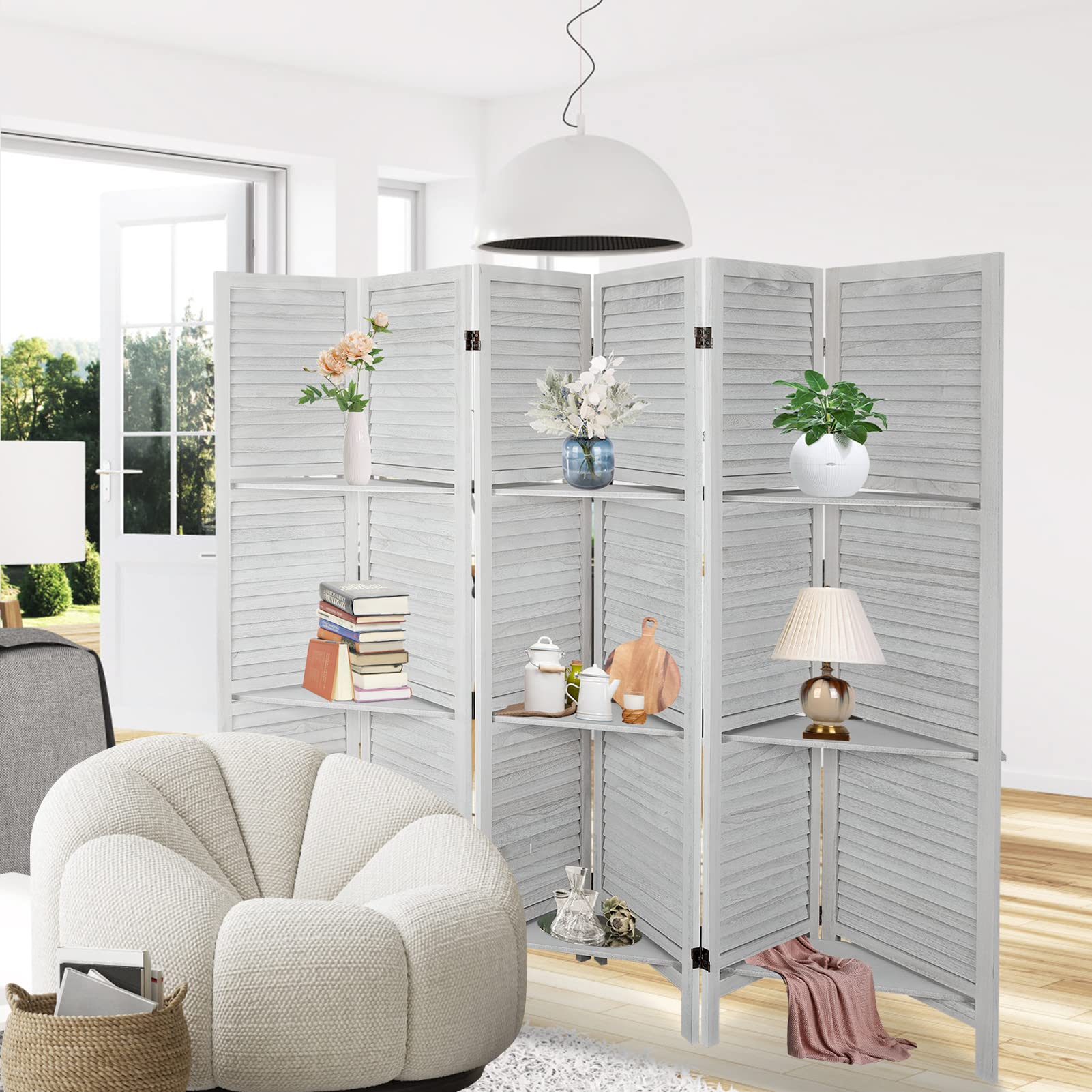 ECOMEX 6-Panel Room Divider with Shelves - White Folding Privacy Screen & Freestanding Partition for Home Office, Studio Apartment | Space-Saving Temporary Wall for Room Separation & Organization