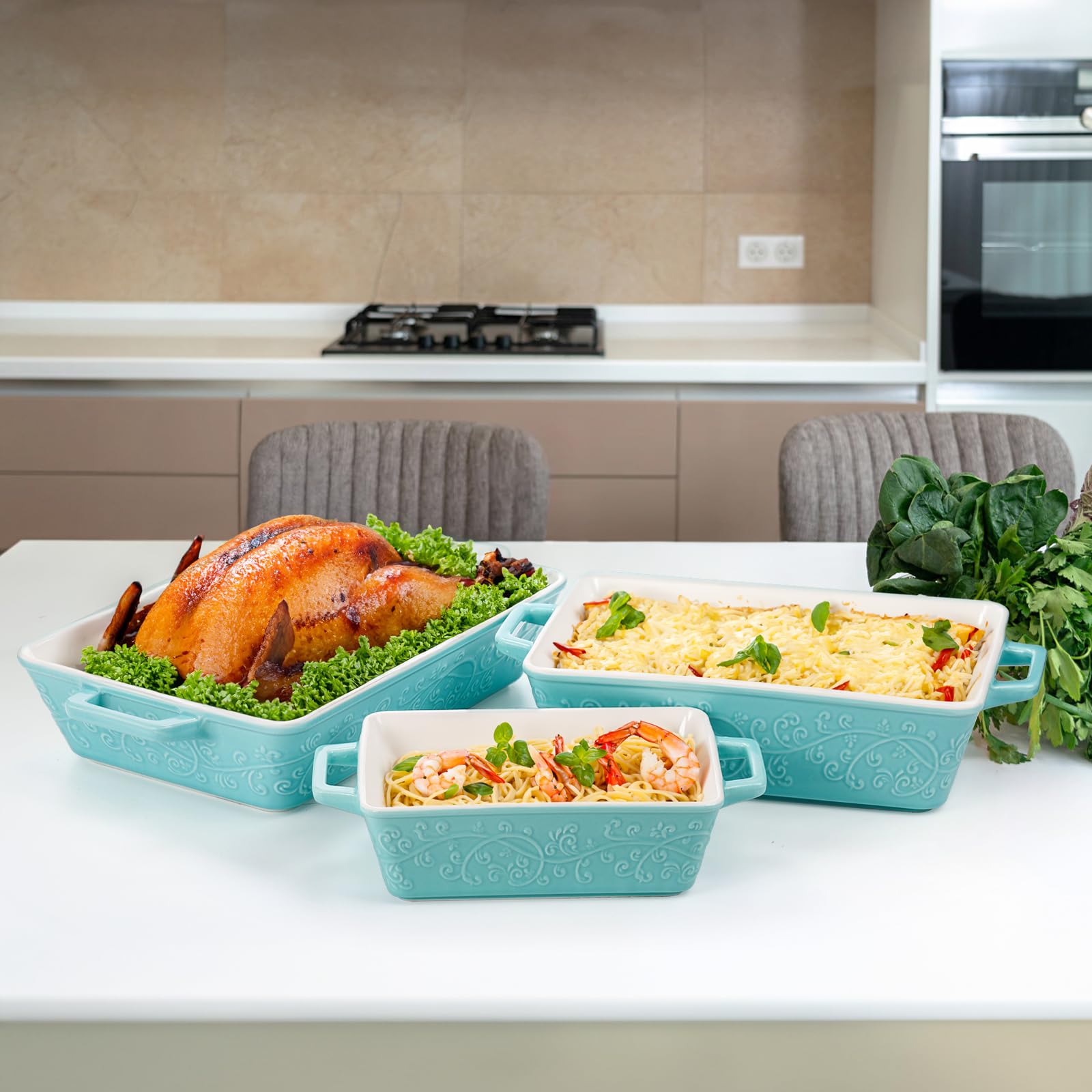 Okllen 3-Piece Ceramic Casserole Dish Set - Oven Safe Rectangular Baking Pans with Handles for Lasagna, Roasting, Broiling & Gratin | Perfect for Home Cooking, Dinner Parties & Wedding/Housewarming Gifts (Blue)