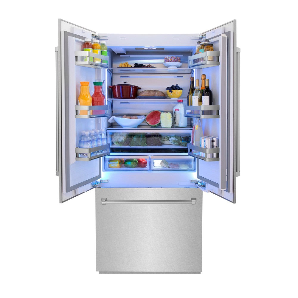ZLINE 36 Inch 19.6 Cu. Ft. French Door Built-In Bottom Freezer Refrigerator with Water Dispenser & Ice Maker - Satin Stainless Steel (RBIV SN 36) - Perfect for Modern Kitchens, Open Floor Plans & Luxury Homes