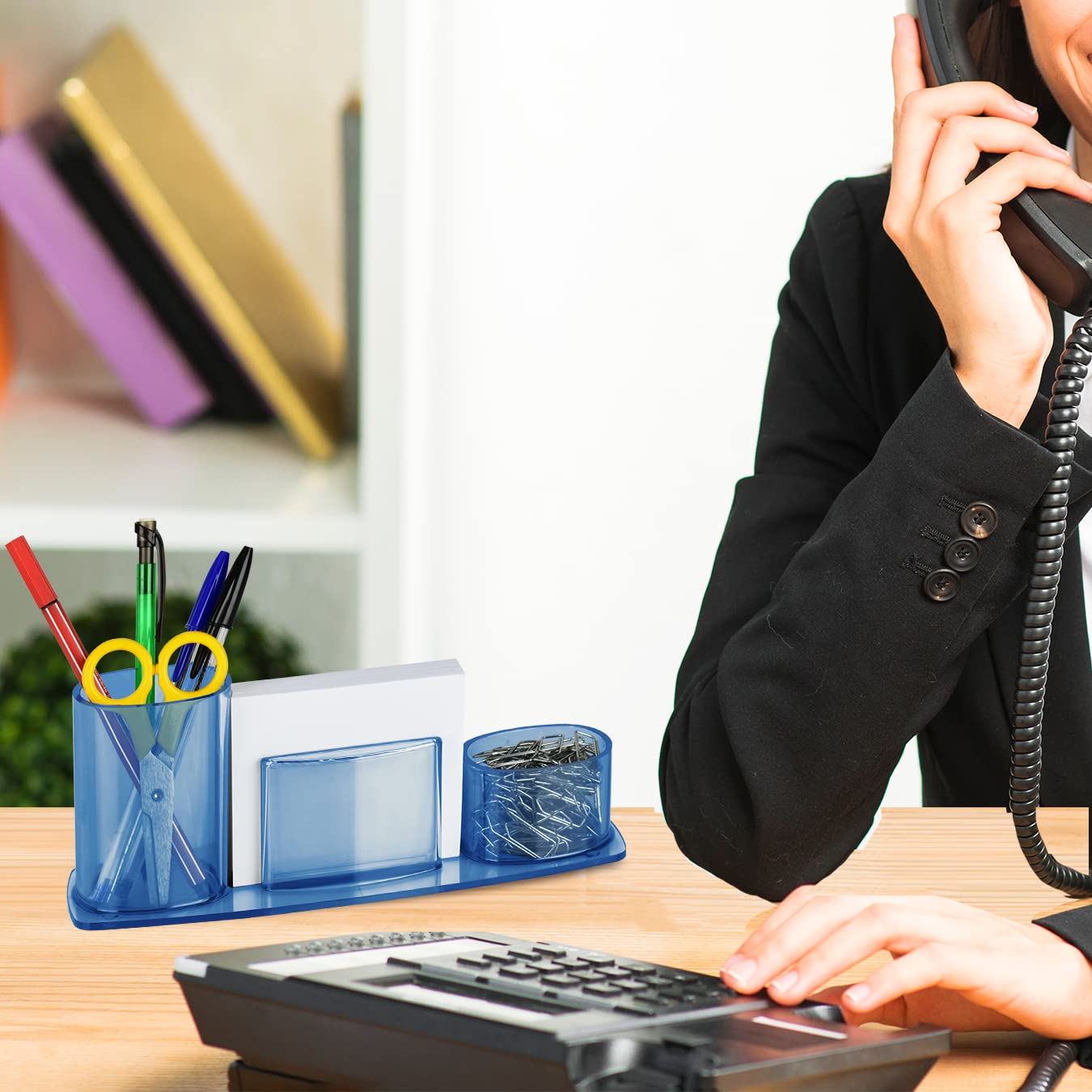 Acrimet Millennium Clear Blue Plastic Desktop Organizer - Pen, Pencil, Clip & Paper Holder with Included Paper - Perfect for Office, School & Home Workspace Organization