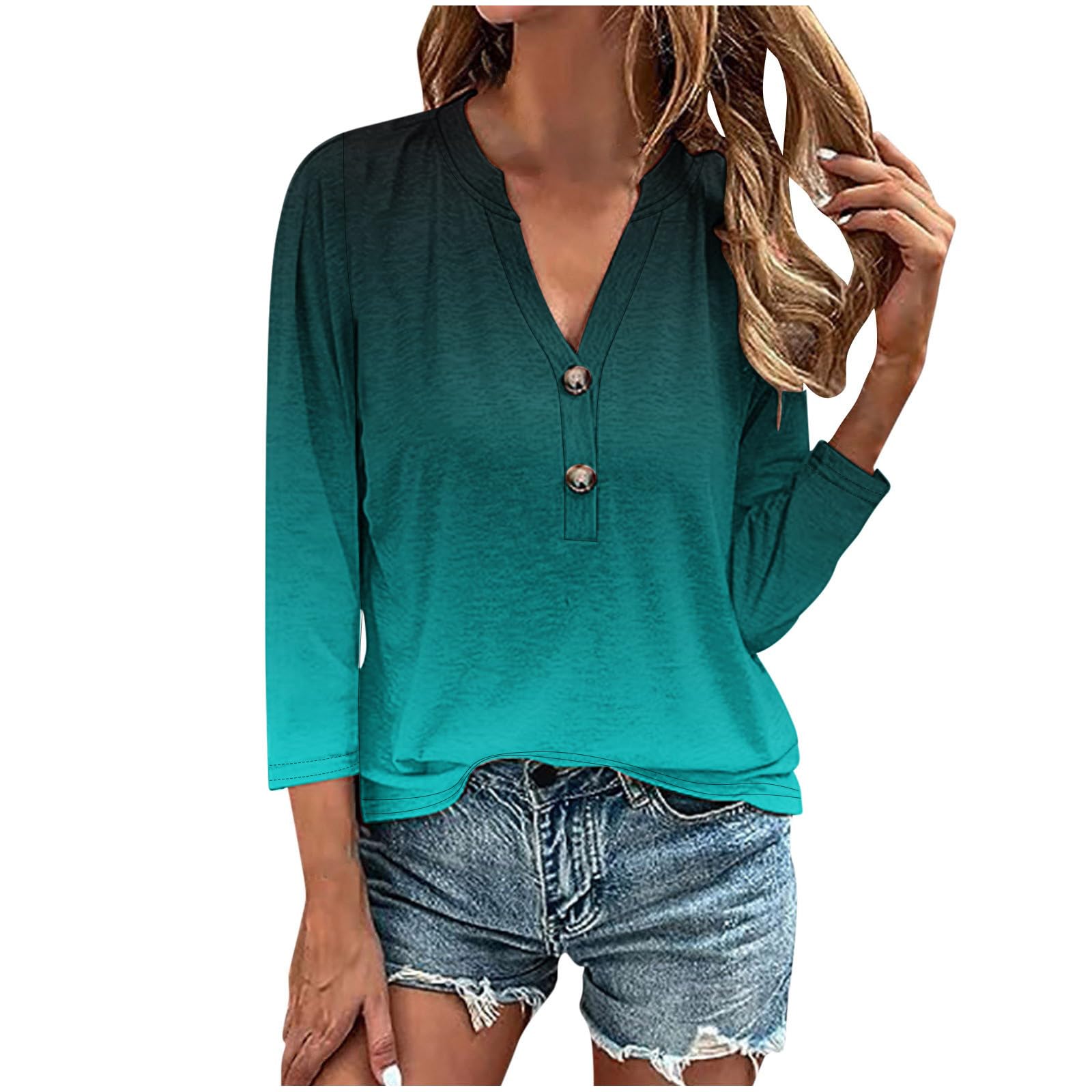 Trendy Women's 3/4 Sleeve V-Neck Button Up Tunic Blouse with Ombre Floral Print - Dressy Casual Tops for Work, Date Night & Everyday Wear
