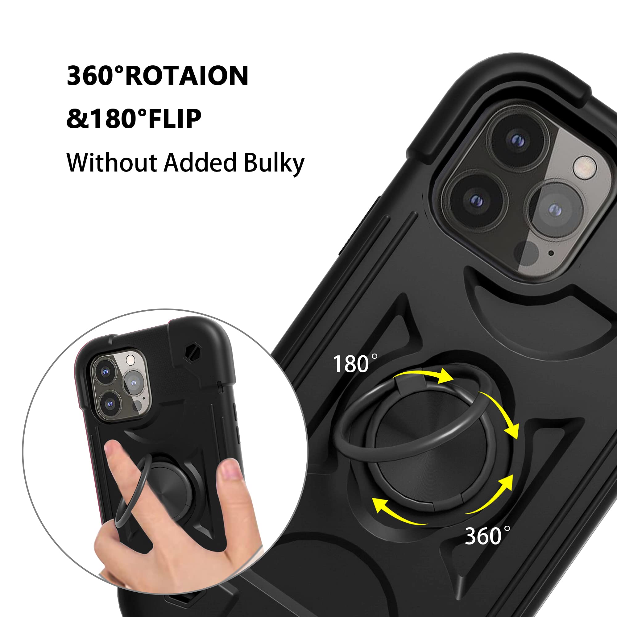 Omio Heavy Duty Rugged Case for iPhone 12 Pro Max (6.7 Inch) - Military Grade Shockproof Phone Cover with Ring Stand & Magnetic Car Mount | Perfect for Outdoor, Work & Travel - Black