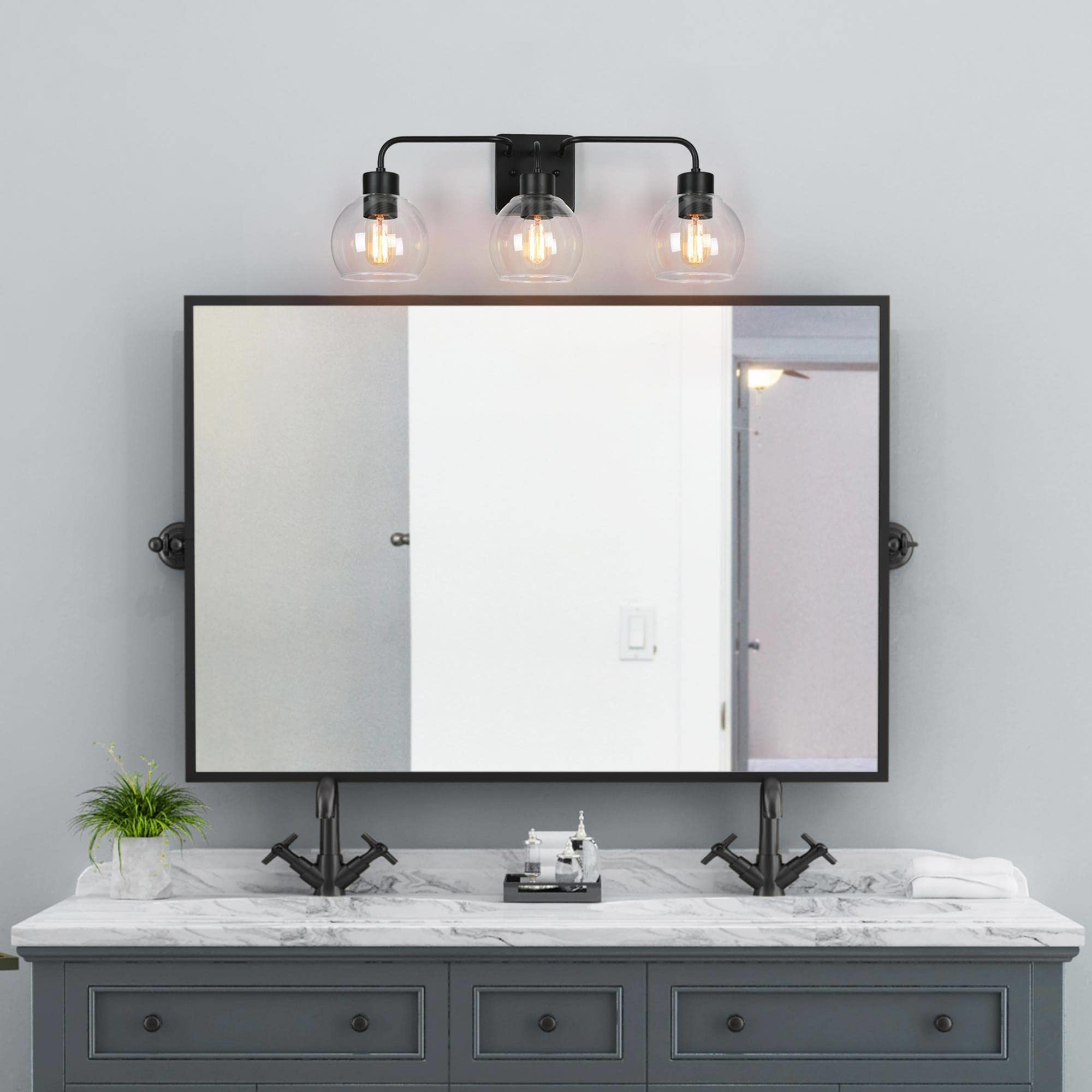 ZEVNI Black Vanity Light - 3-Light Mid Century Modern Bathroom Fixture with Clear Globe Glass Shade (24.5