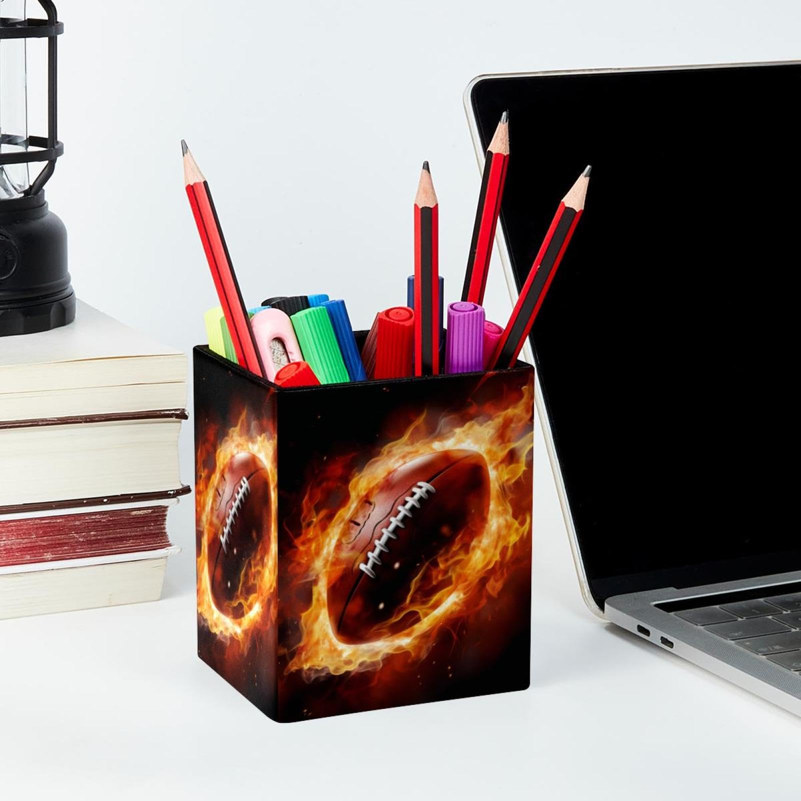Premium Desk Pen Holder & Pencil Organizer - American Football & Fire Design - Office Supplies for Home, School, and Workplace Organization