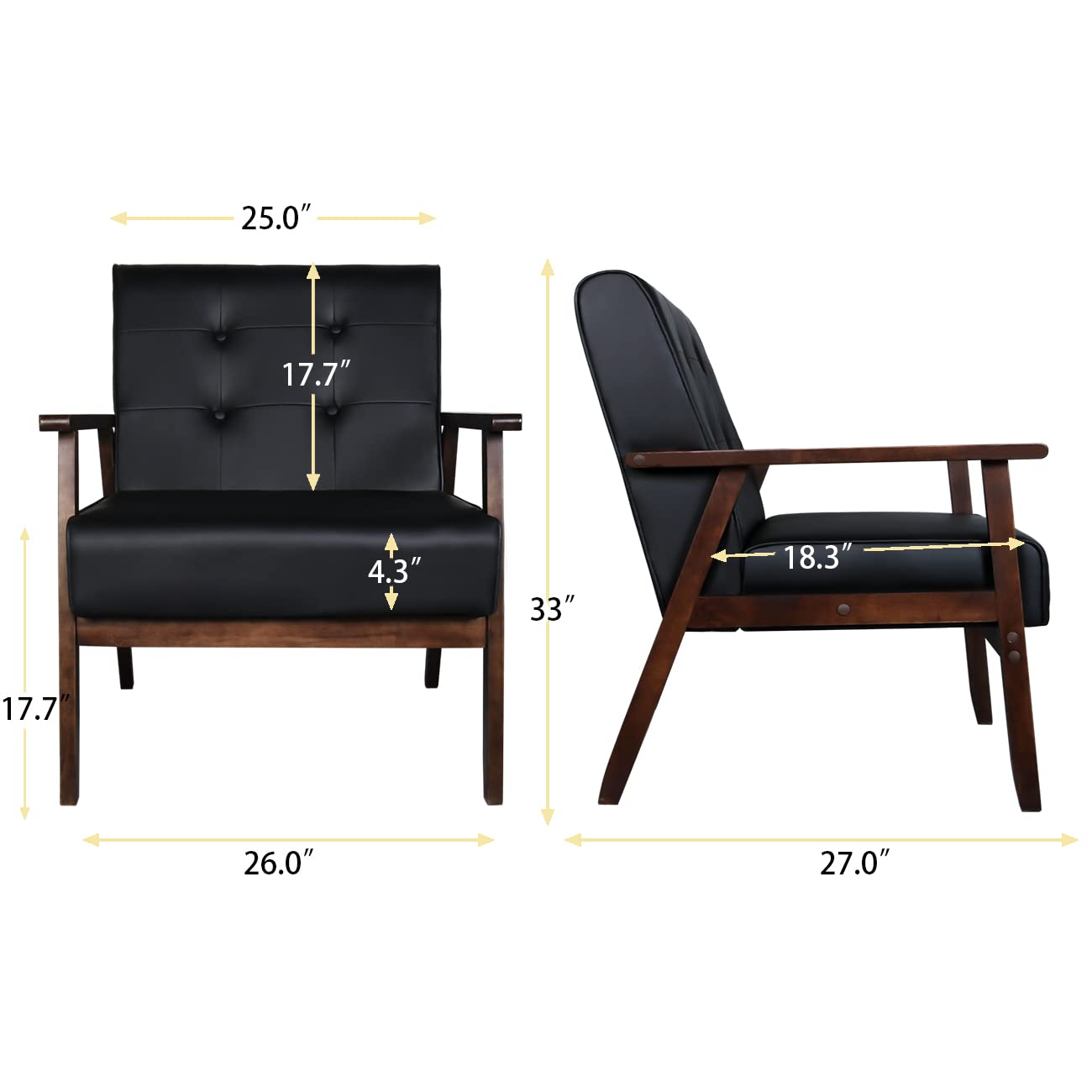 Premium Black Faux Leather Sofa Set - 2 Accent Chairs & 1 Loveseat | Mid-Century Modern Living Room Furniture for Small Spaces, Office Waiting Areas & Home Decor | Durable & Stylish Seating Solution