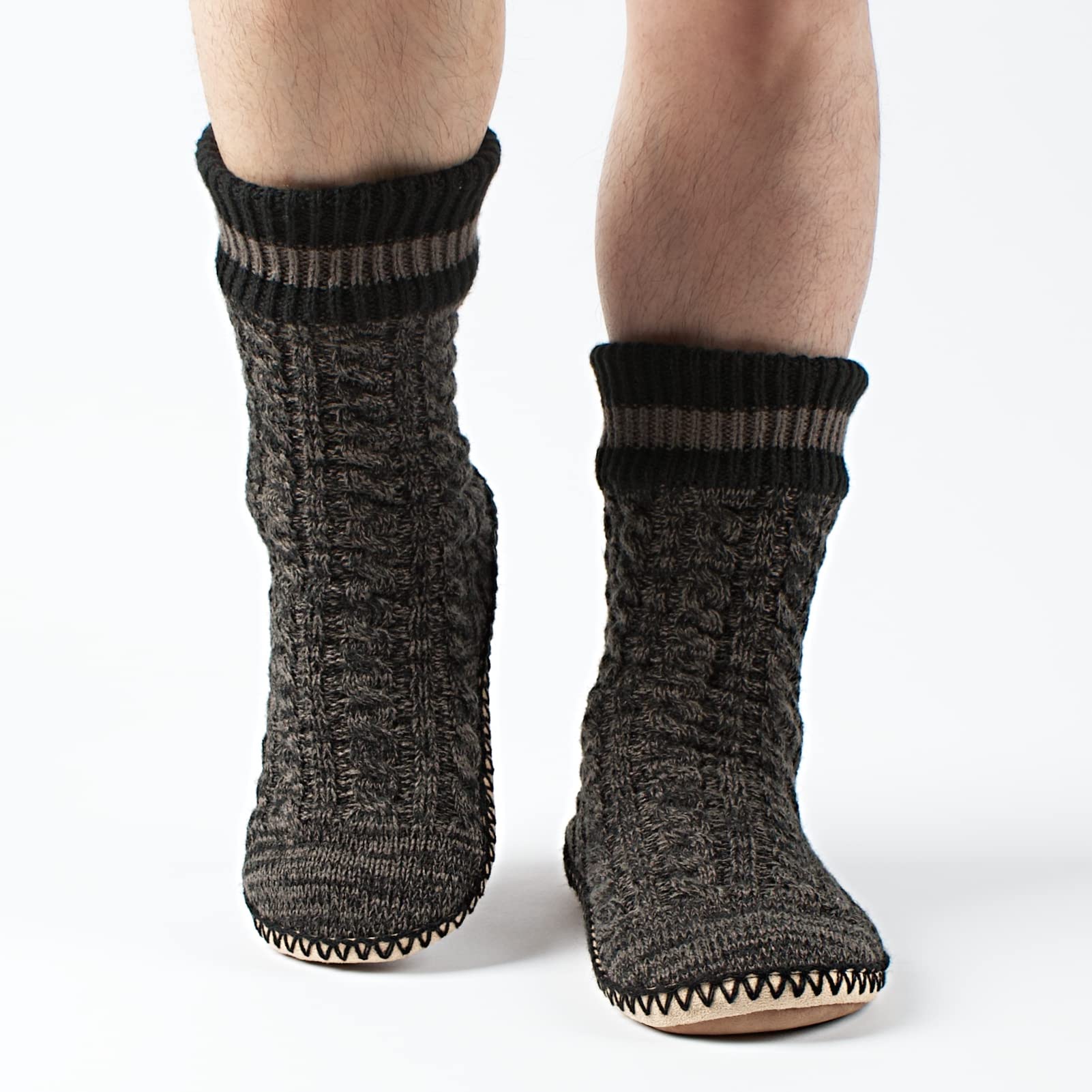 Men's Winter Cable Knit Non-Slip Slipper Socks - Cozy Soft Indoor Socks with Fluffy Sherpa Lining for Warmth & Comfort - Perfect for Home, Lounge & Cold Weather Wear